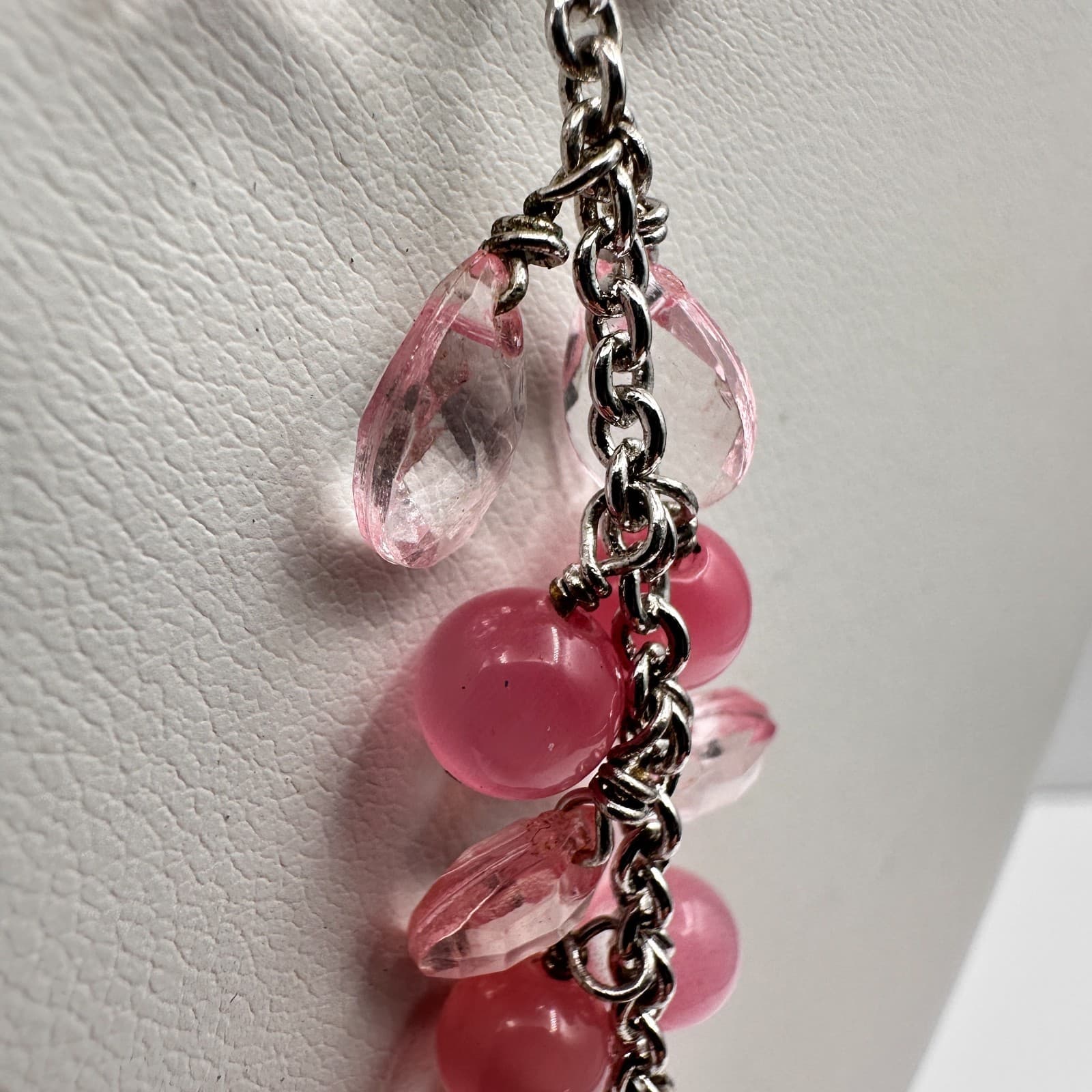 Vintage 90 Silver-Tone Pink & Clear Bead Y-Drop Dangle Necklace Jewelry - Thumbnail 8