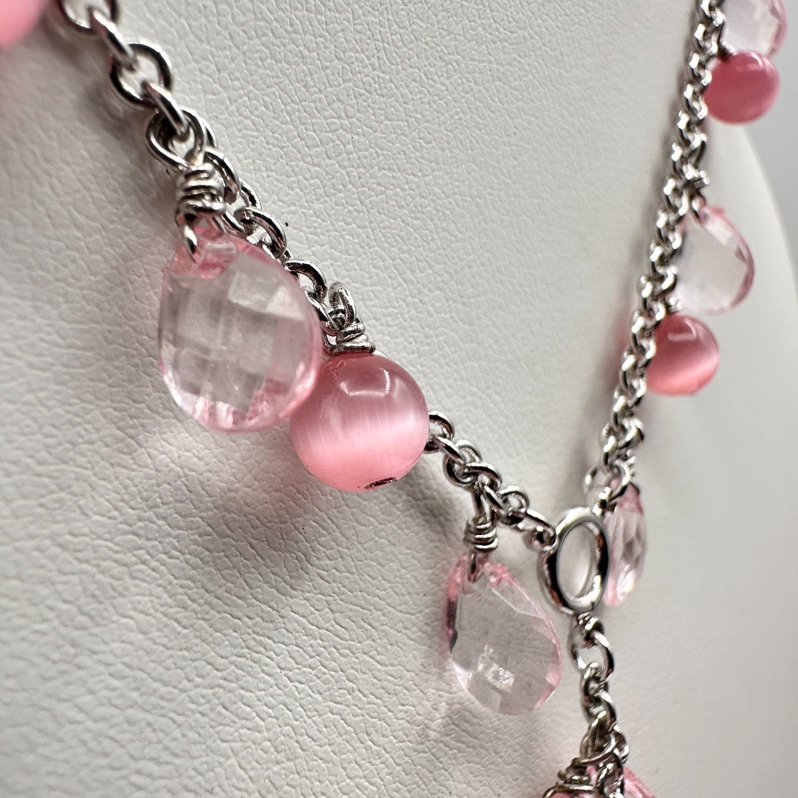 Vintage 90 Silver-Tone Pink & Clear Bead Y-Drop Dangle Necklace Jewelry - Thumbnail 6