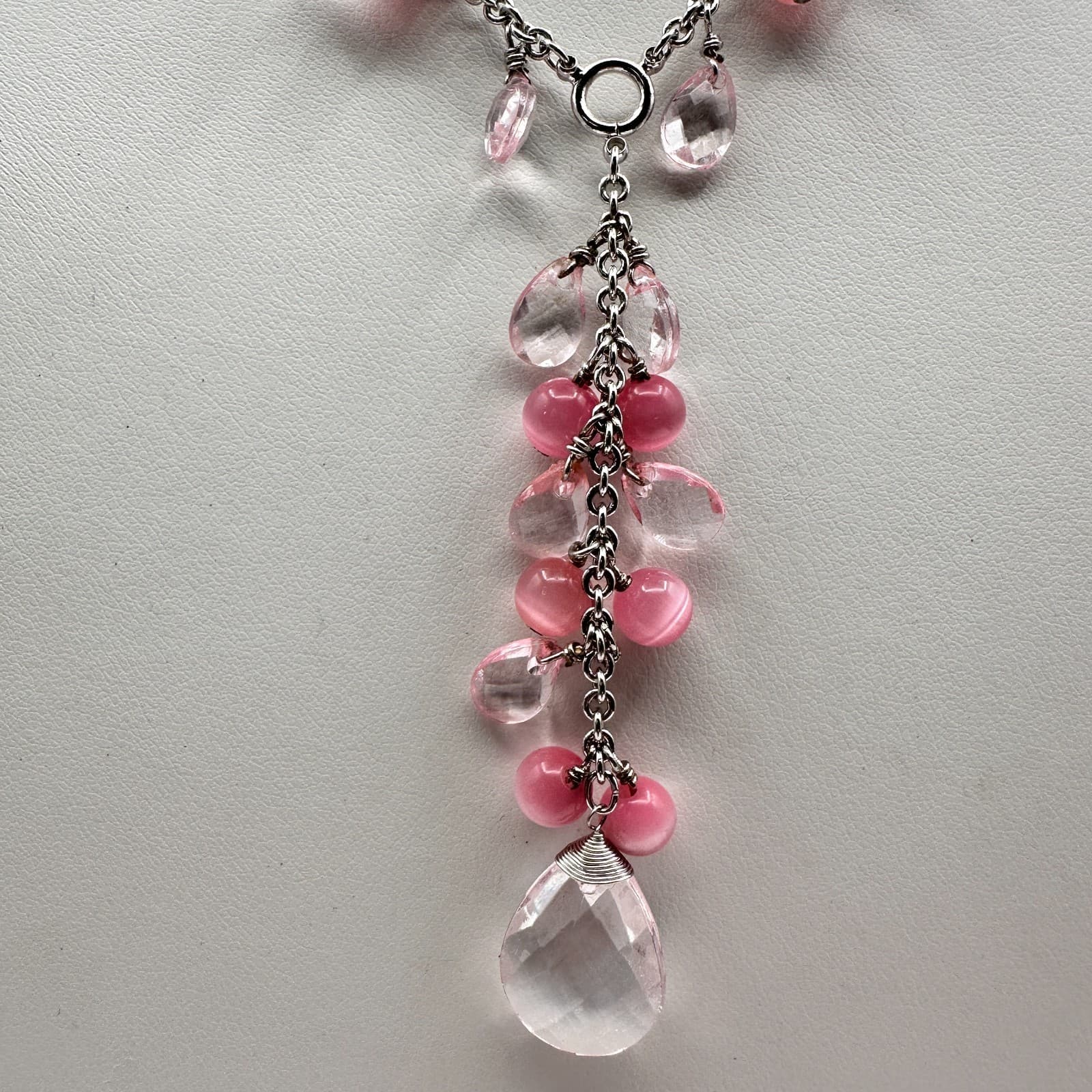 Vintage 90 Silver-Tone Pink & Clear Bead Y-Drop Dangle Necklace Jewelry - Thumbnail 3