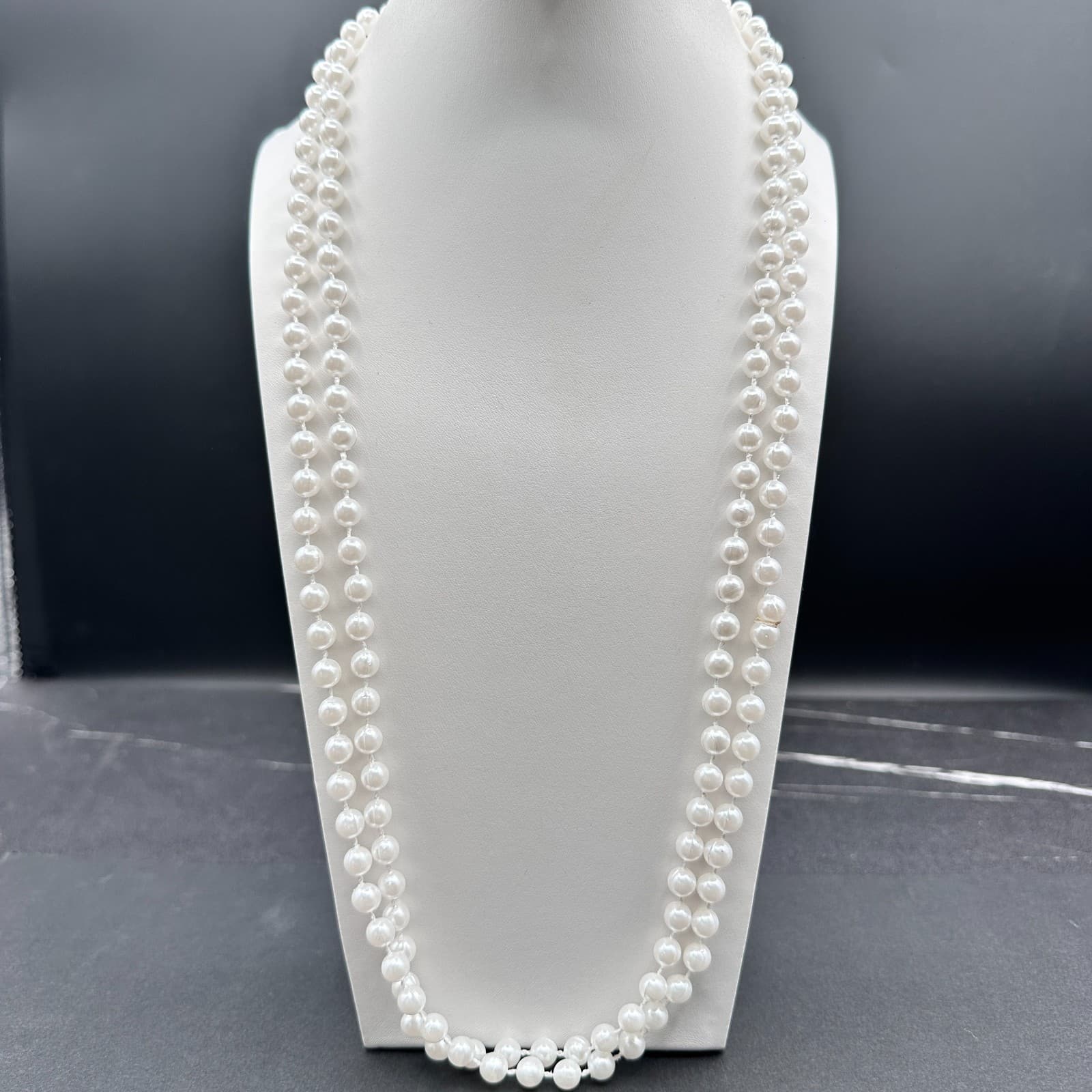 Vintage 90s Double Strand White Faux Pearl Necklace Long Layered Classic Jewelry - Thumbnail 2