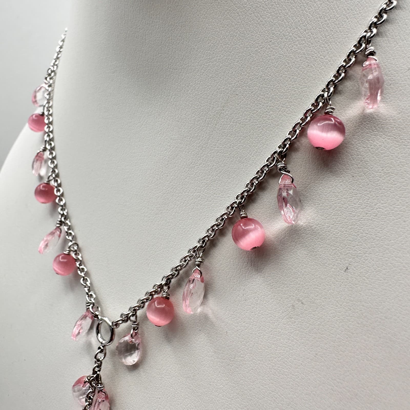 Vintage 90 Silver-Tone Pink & Clear Bead Y-Drop Dangle Necklace Jewelry - Thumbnail 9