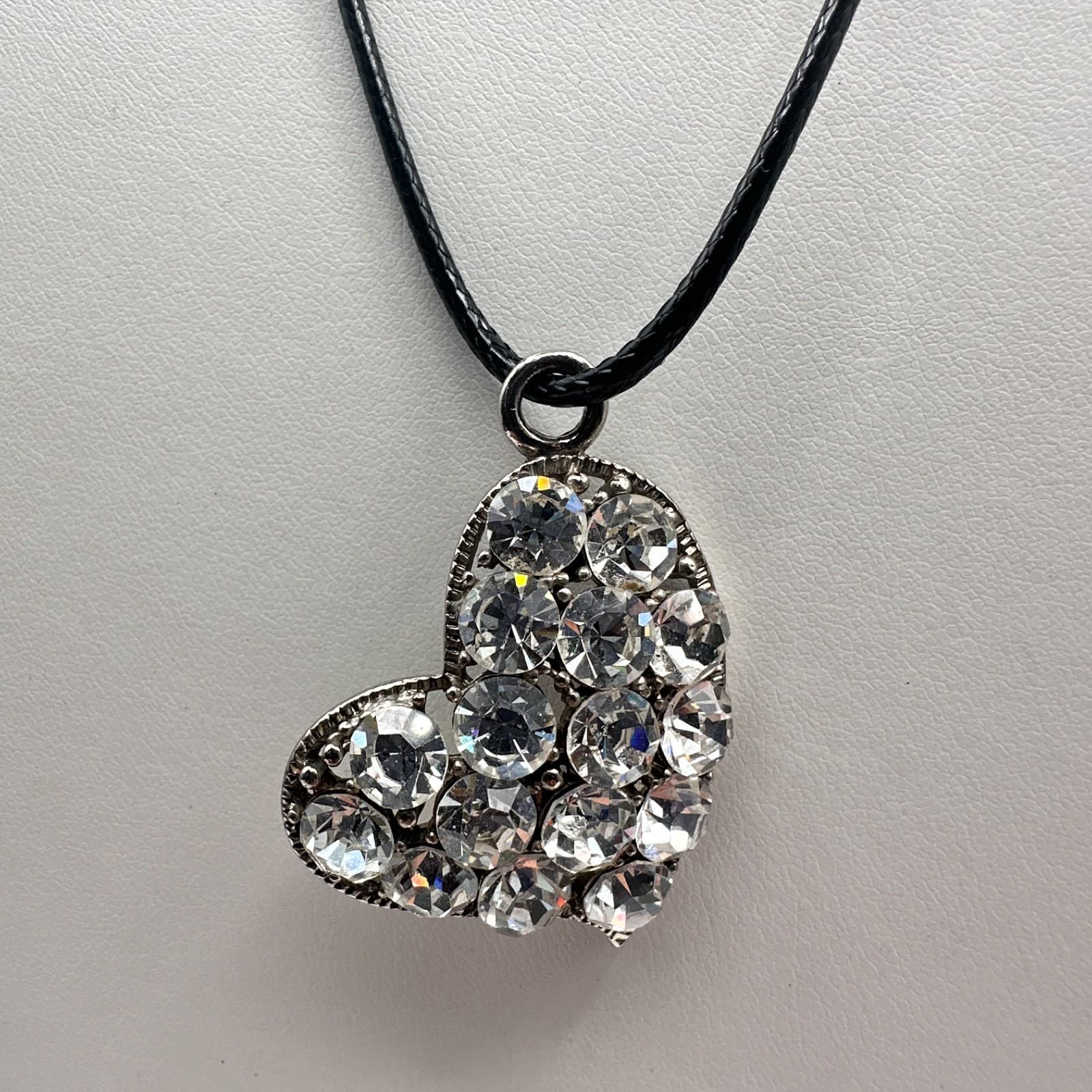 Vintage 90s Silver Tone Rhinestone Heart Pendant Necklace Black Cord Jewelry - Thumbnail 2