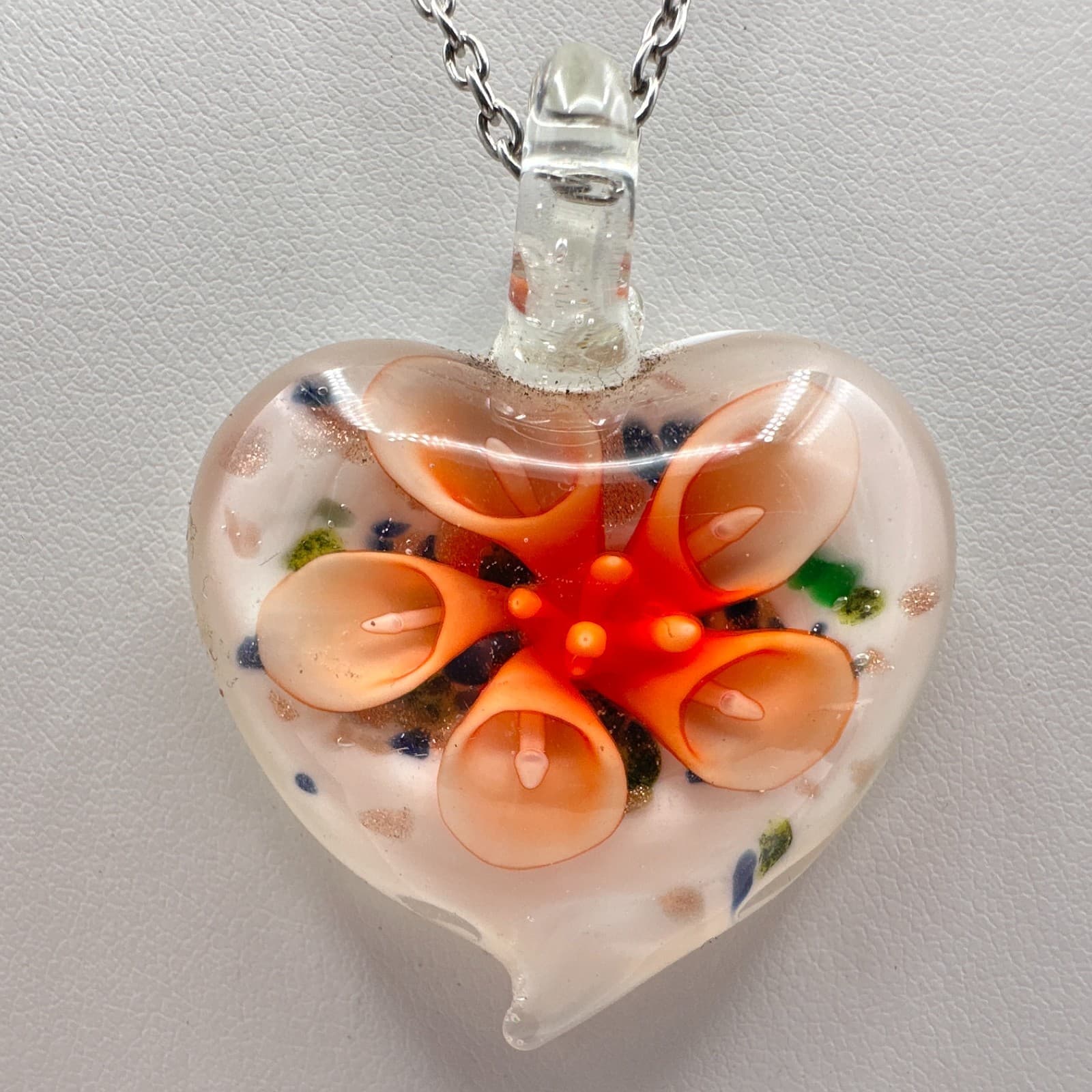 Vintage 90s Art Glass Heart Pendant Necklace Orange Floral Millefiori Jewelry - Thumbnail 3