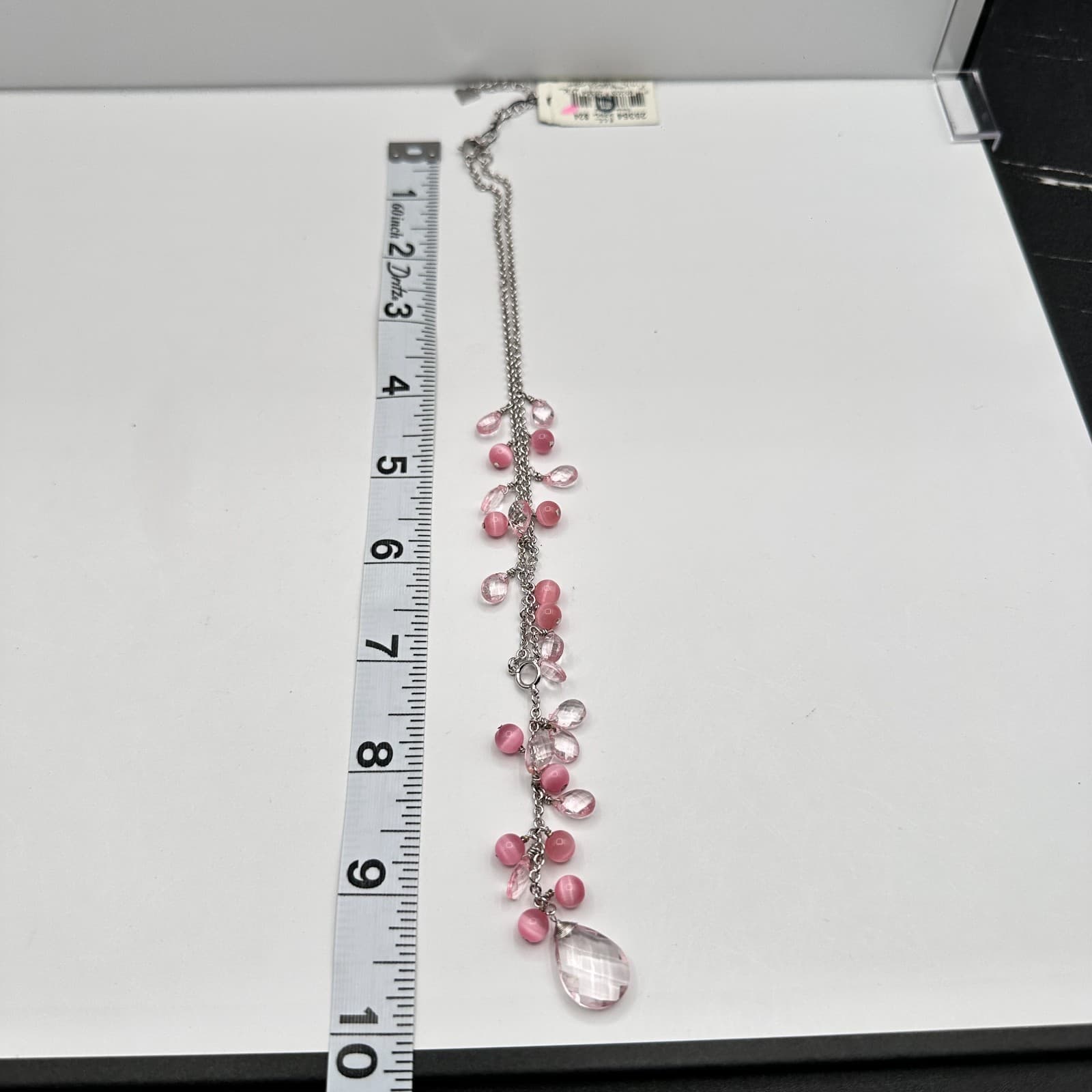 Vintage 90 Silver-Tone Pink & Clear Bead Y-Drop Dangle Necklace Jewelry - Thumbnail 16