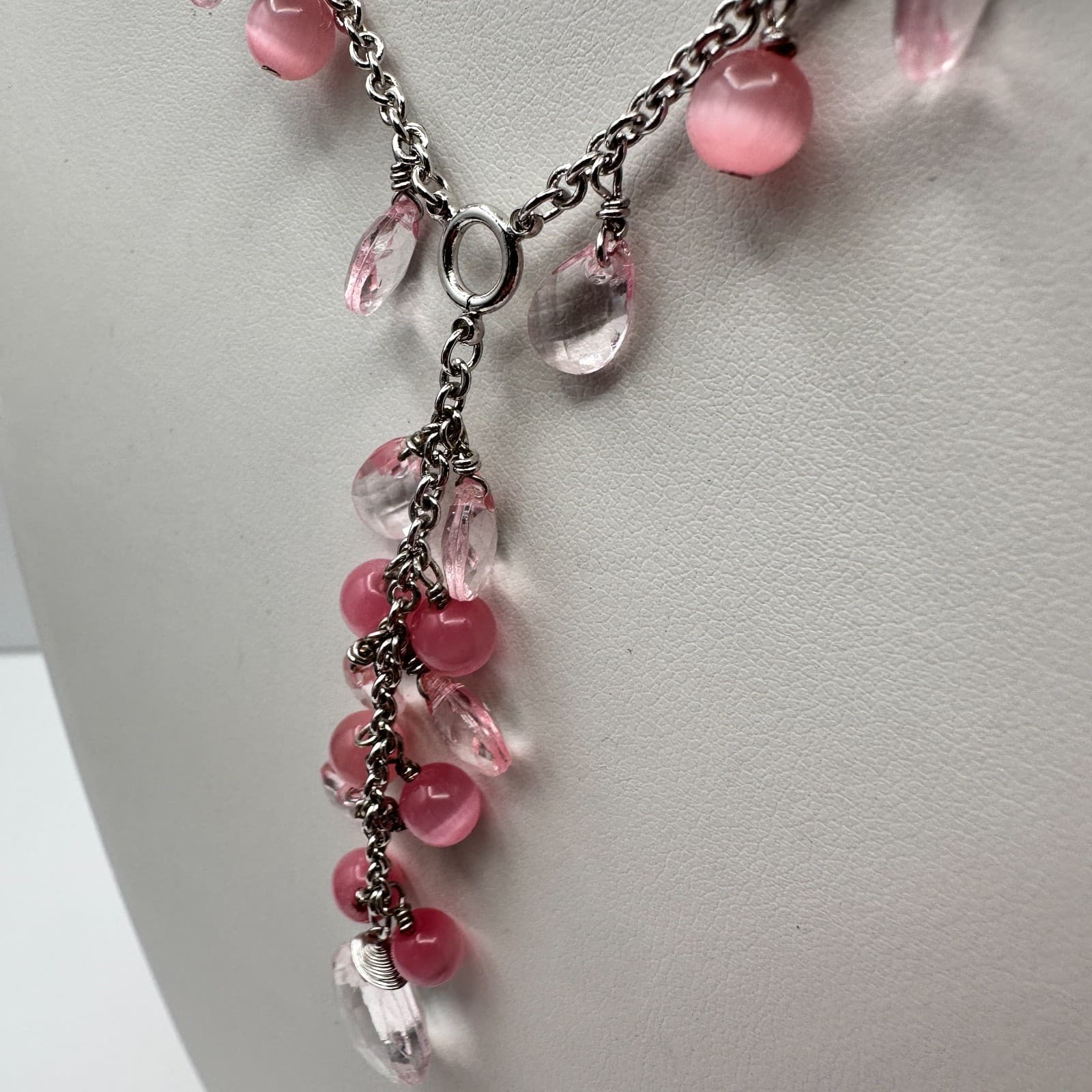 Vintage 90 Silver-Tone Pink & Clear Bead Y-Drop Dangle Necklace Jewelry - Thumbnail 10