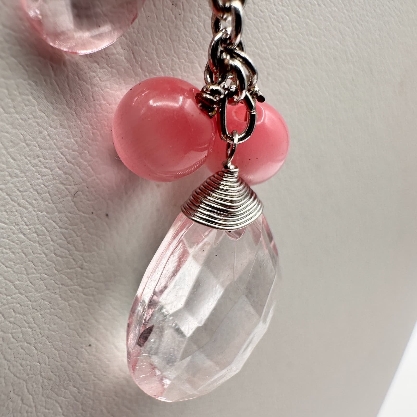 Vintage 90 Silver-Tone Pink & Clear Bead Y-Drop Dangle Necklace Jewelry - Thumbnail 13