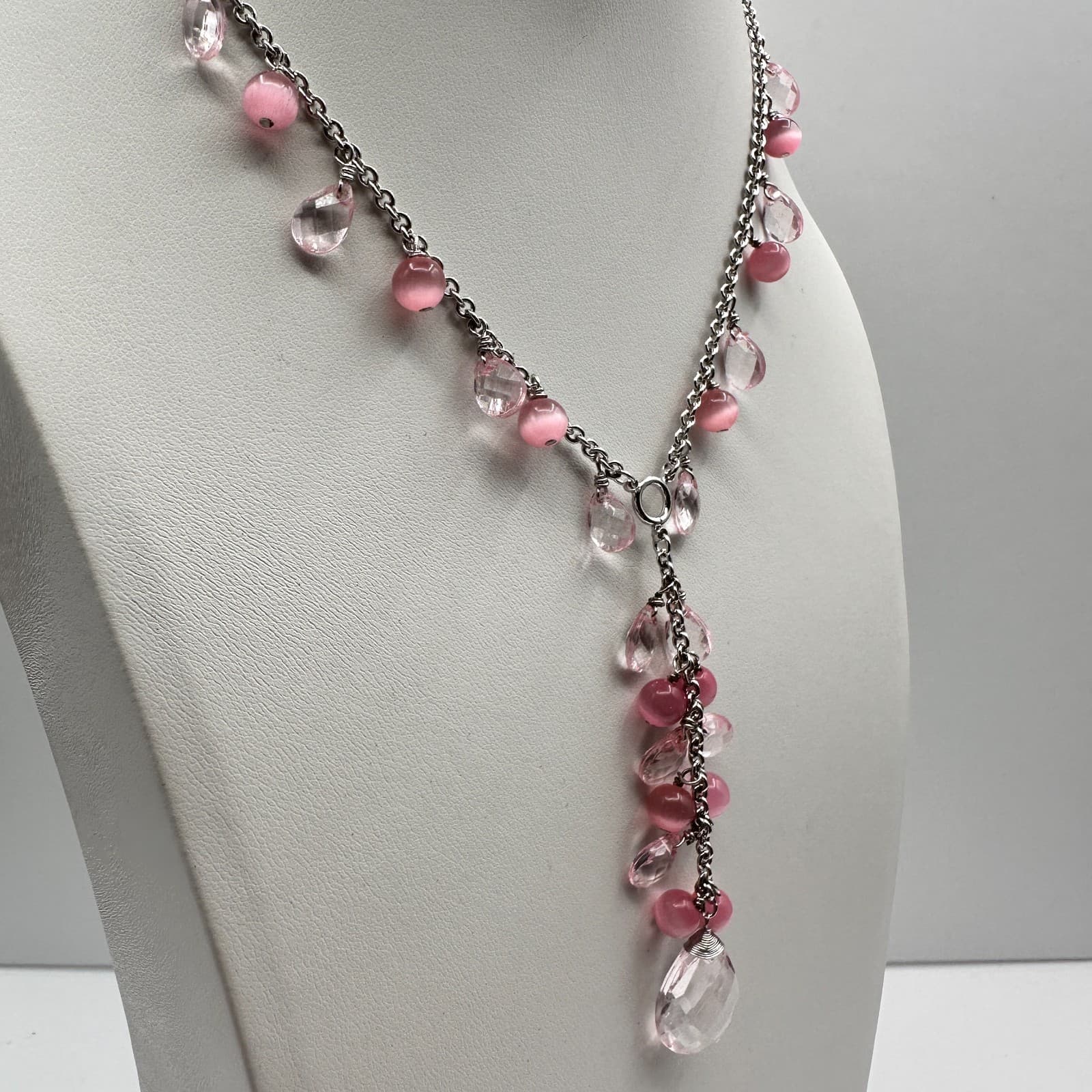 Vintage 90 Silver-Tone Pink & Clear Bead Y-Drop Dangle Necklace Jewelry - Thumbnail 4