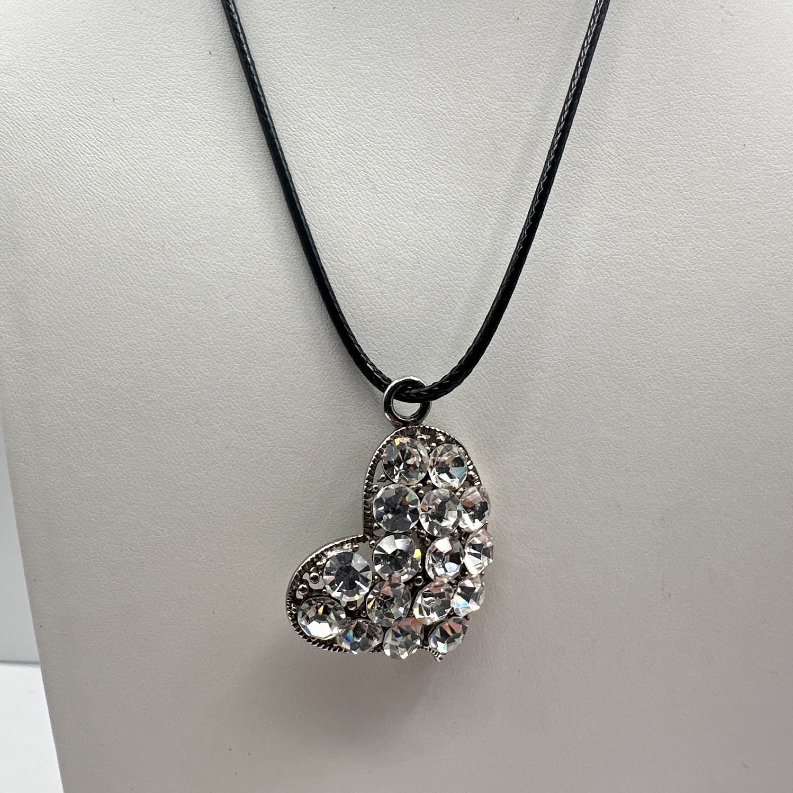 Vintage 90s Silver Tone Rhinestone Heart Pendant Necklace Black Cord Jewelry - Image 1