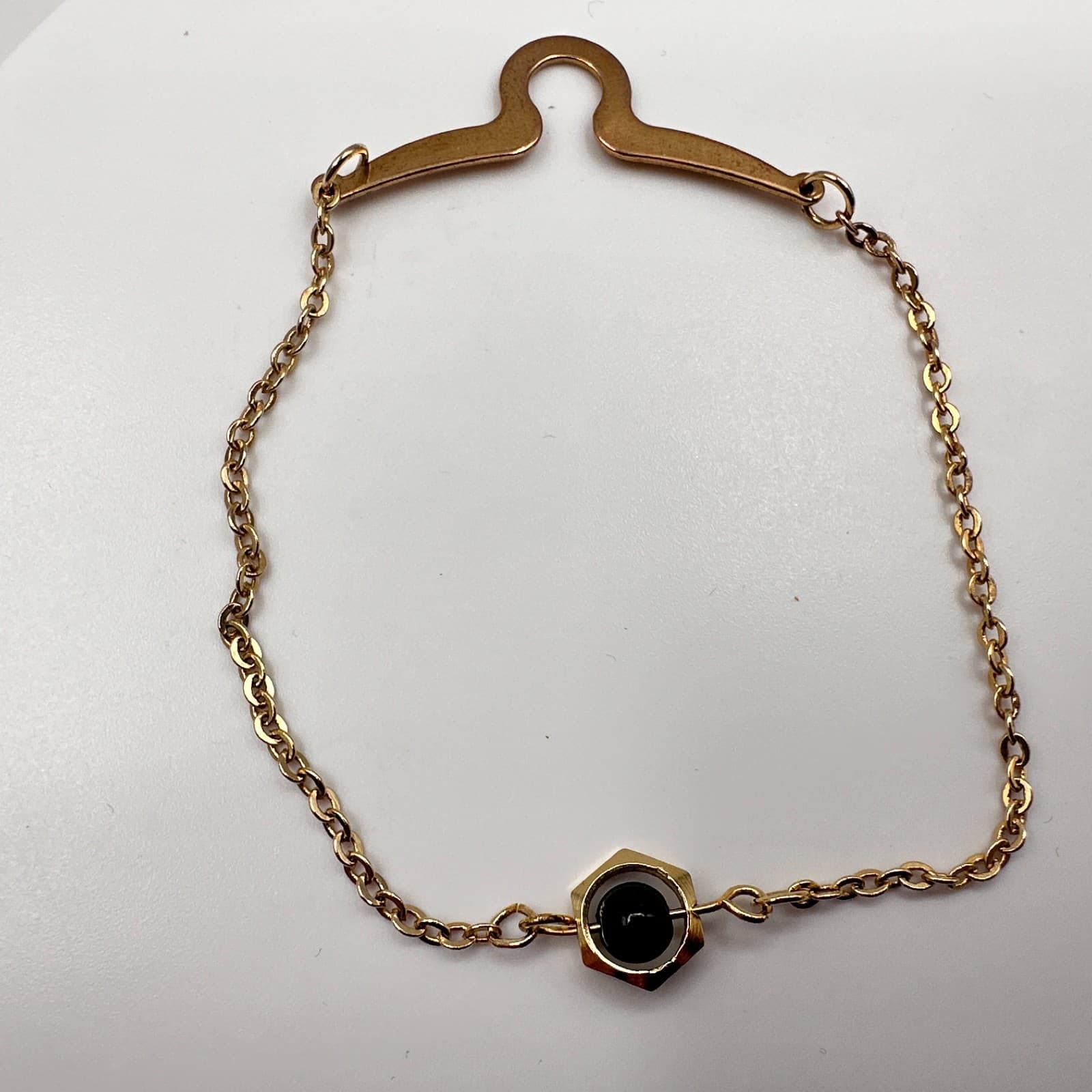 Vintage 90s Gold Tone Hexagon Black Bead Station Bracelet Minimalist Jewelry - Thumbnail 7