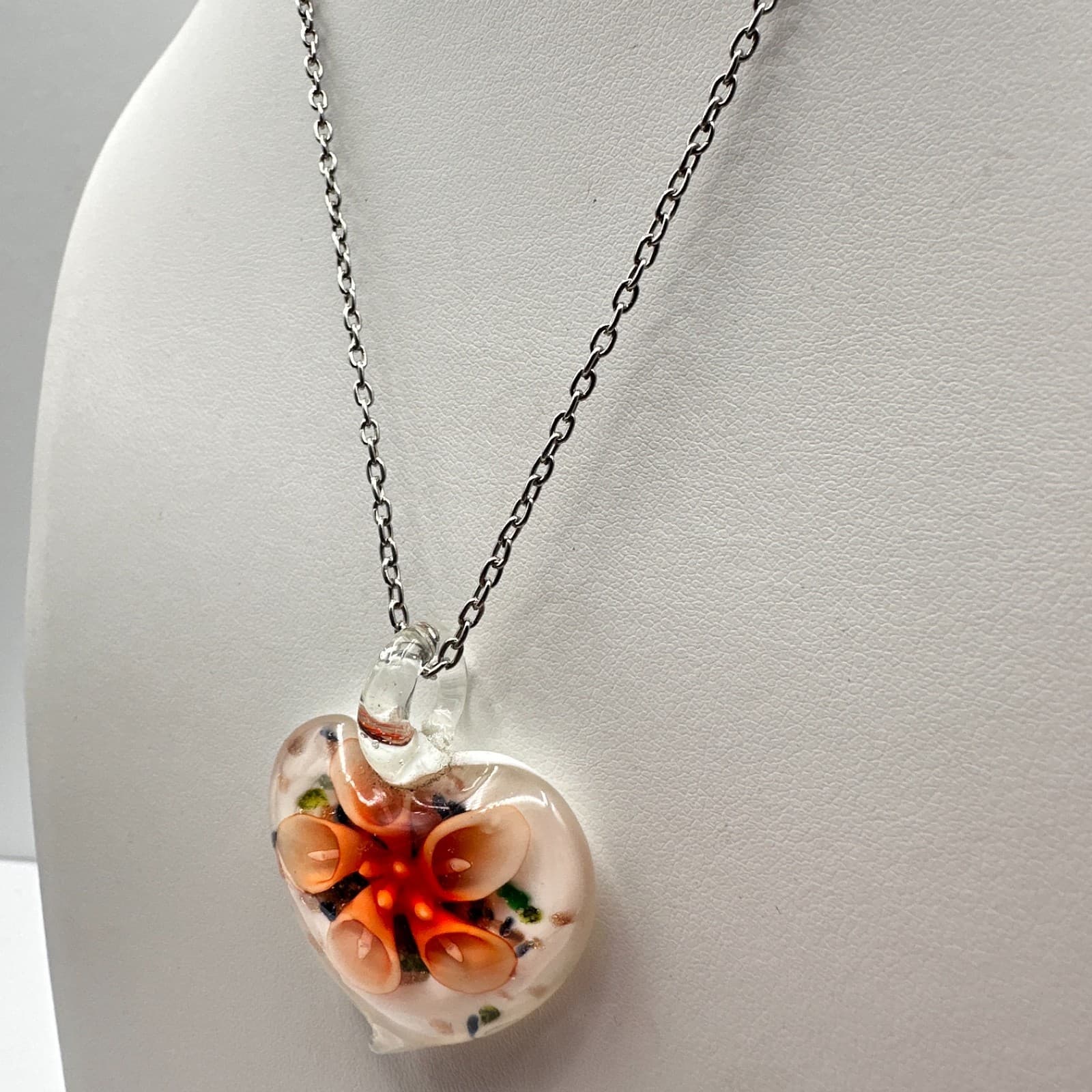 Vintage 90s Art Glass Heart Pendant Necklace Orange Floral Millefiori Jewelry - Thumbnail 7