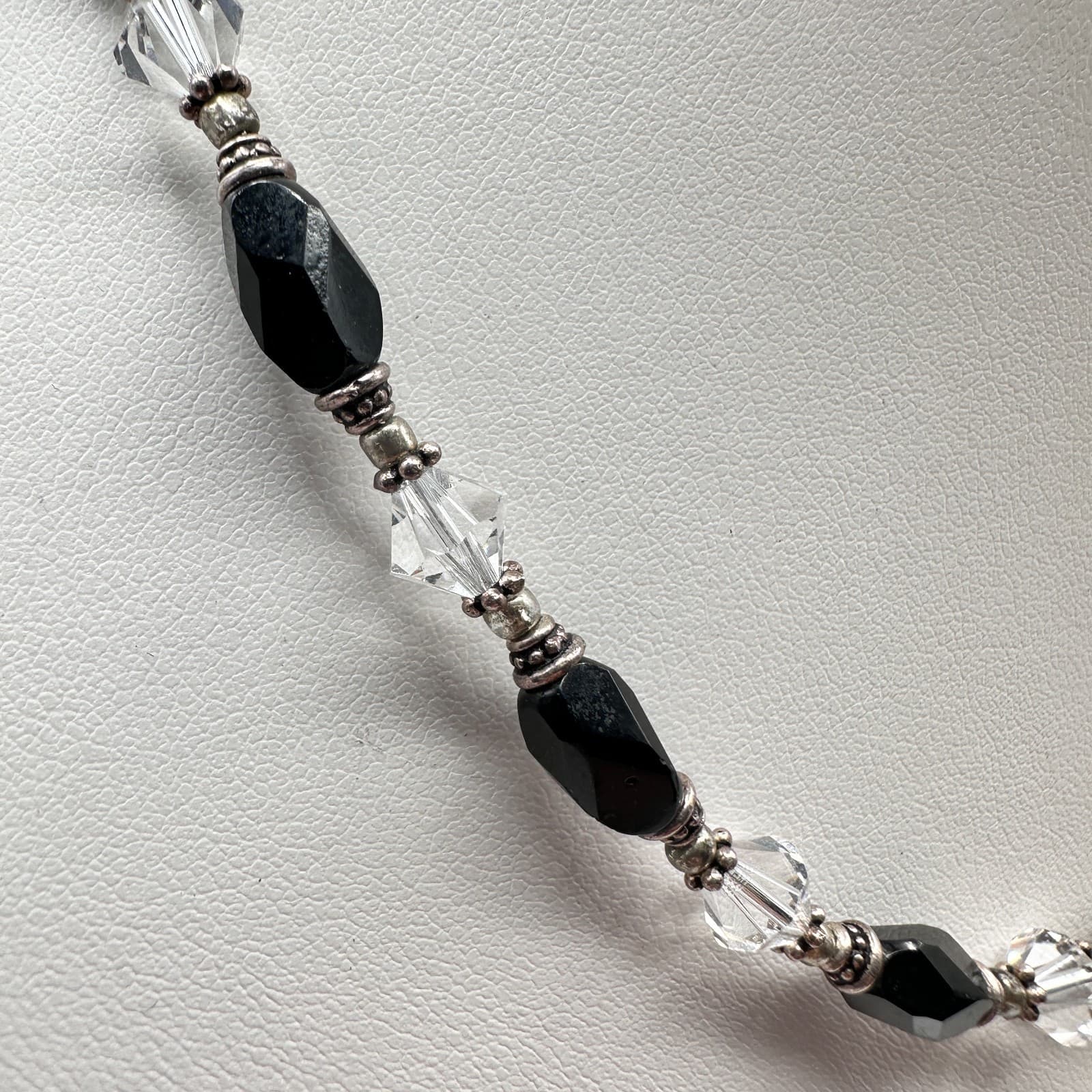 Vintage 90s Black Onyx Clear Crystal Beaded Necklace Silver Tone Boho Statement - Thumbnail 3