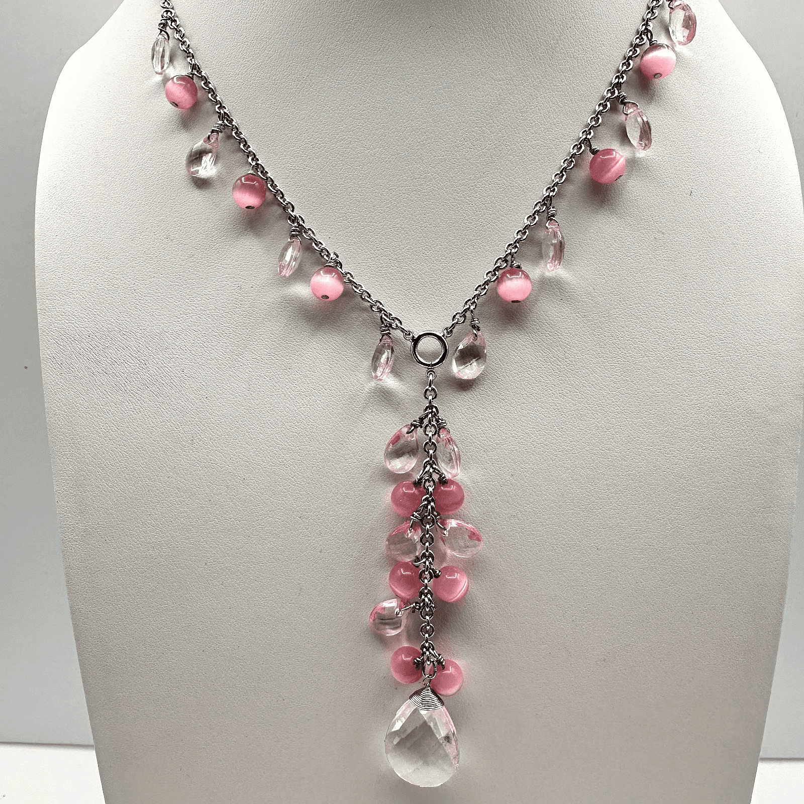 Vintage 90 Silver-Tone Pink & Clear Bead Y-Drop Dangle Necklace Jewelry - Image 1