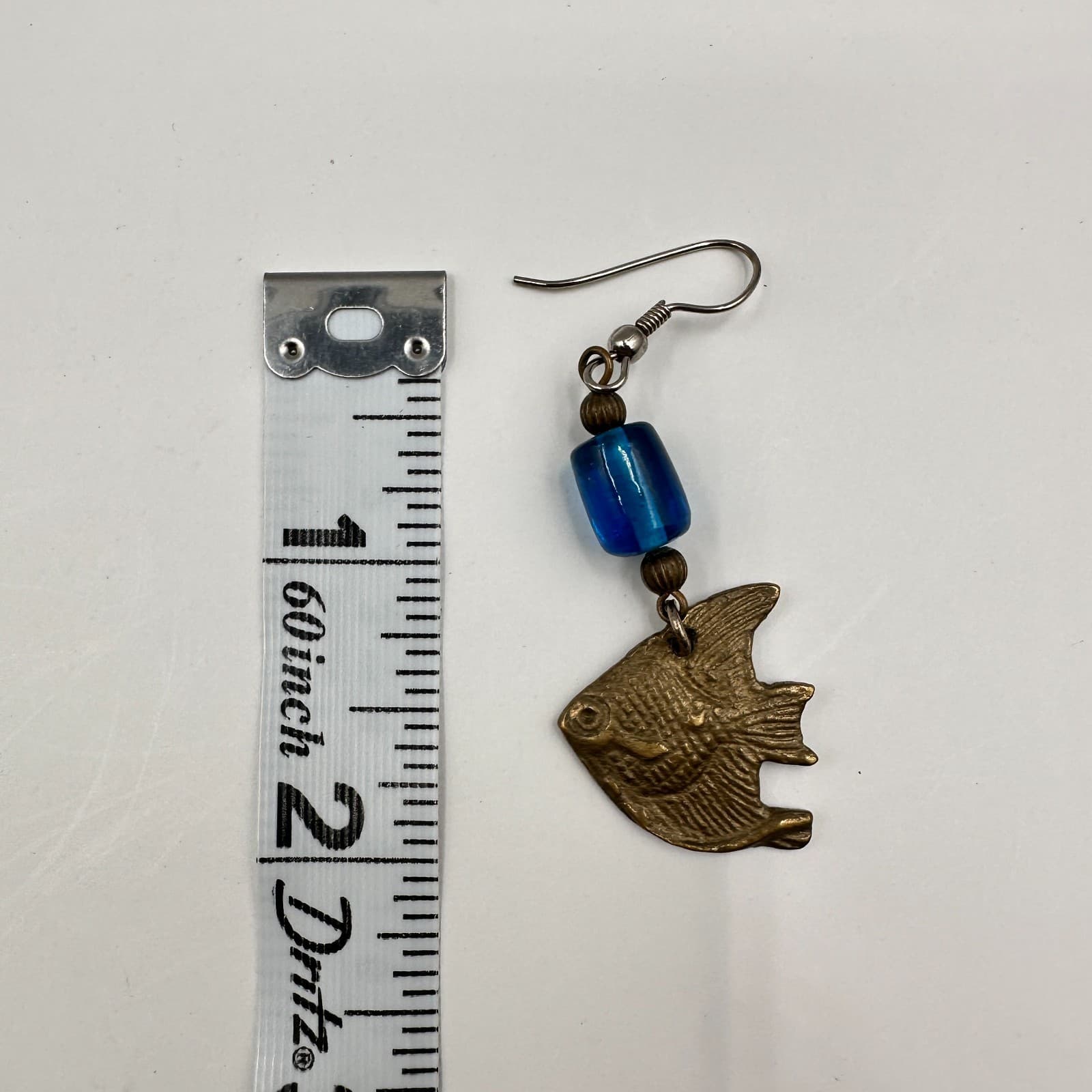 Vintage 80s Brass Fish Dangle Earrings Blue Bead Boho Women's Classic Jewelry - Thumbnail 10