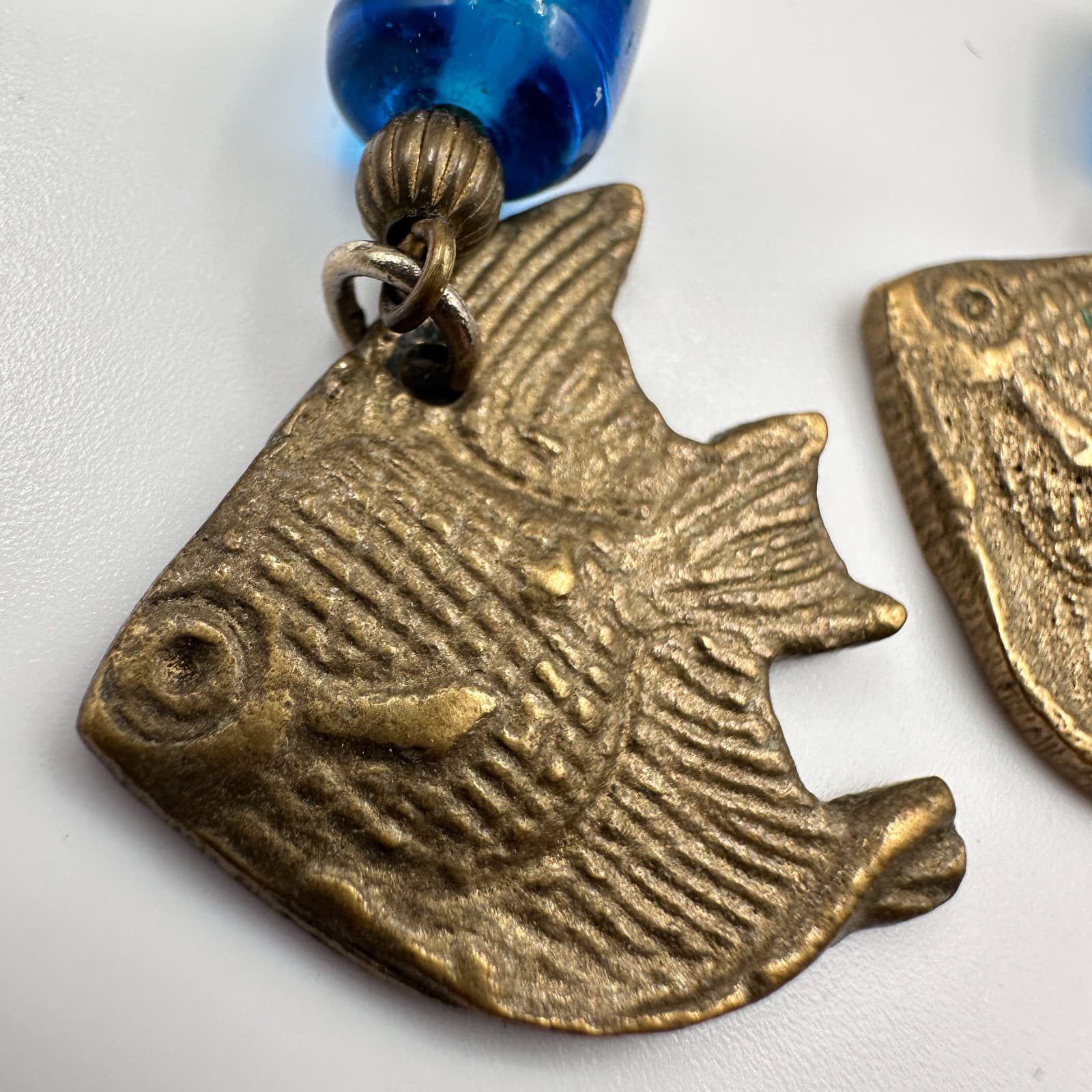 Vintage 80s Brass Fish Dangle Earrings Blue Bead Boho Women's Classic Jewelry - Thumbnail 4