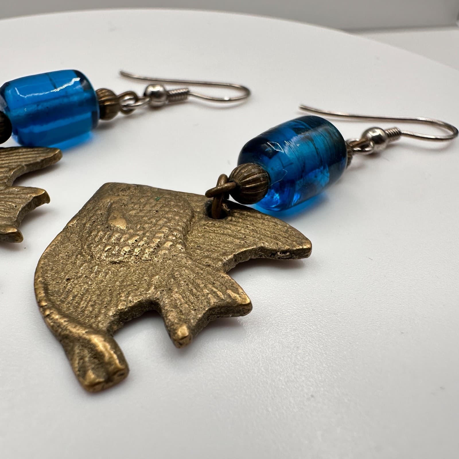 Vintage 80s Brass Fish Dangle Earrings Blue Bead Boho Women's Classic Jewelry - Thumbnail 8