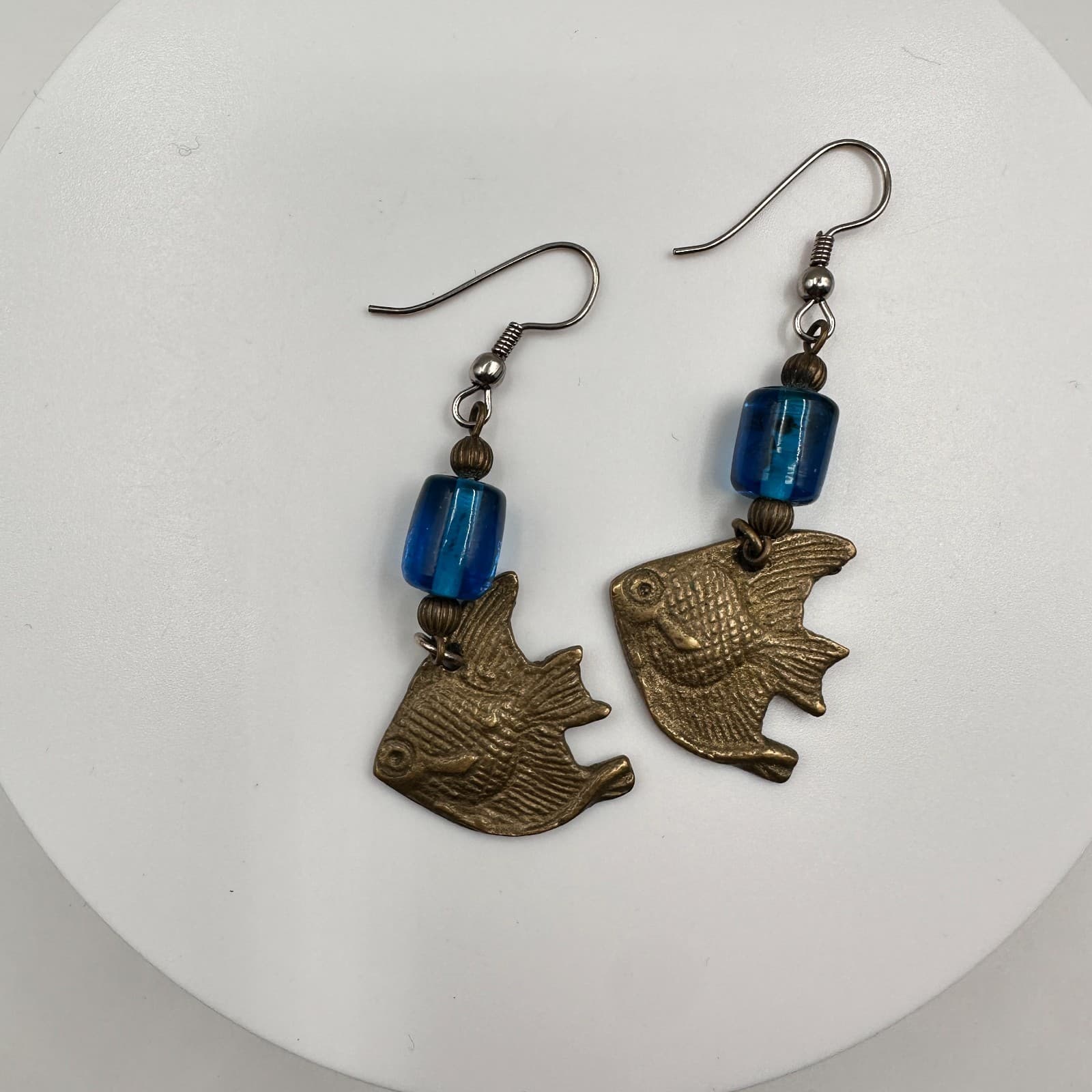 Vintage 80s Brass Fish Dangle Earrings Blue Bead Boho Women's Classic Jewelry - Image 1