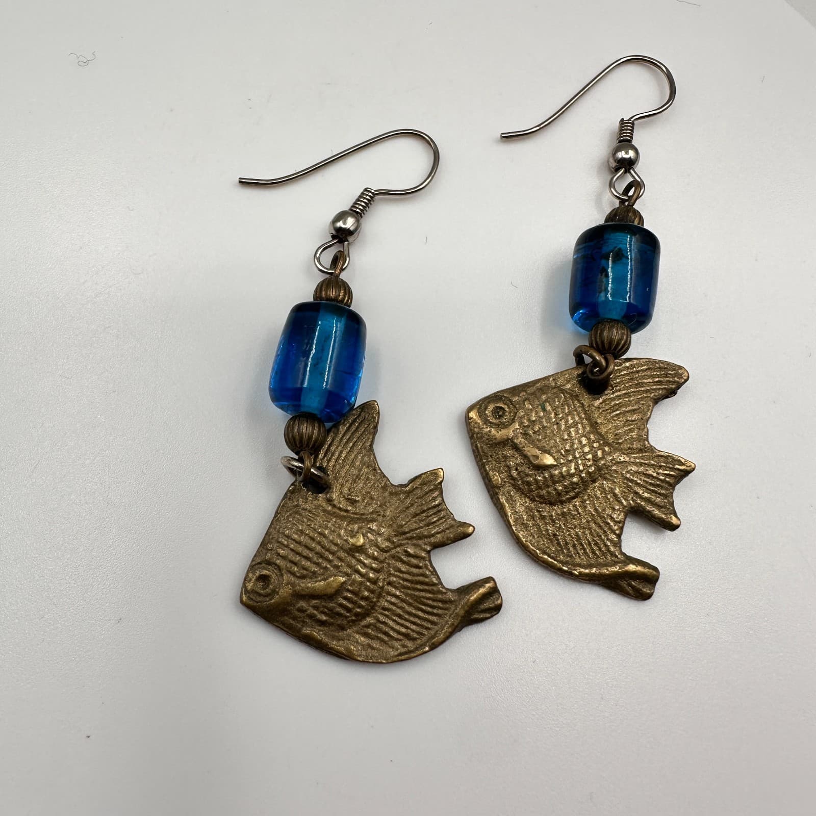 Vintage 80s Brass Fish Dangle Earrings Blue Bead Boho Women's Classic Jewelry - Thumbnail 2