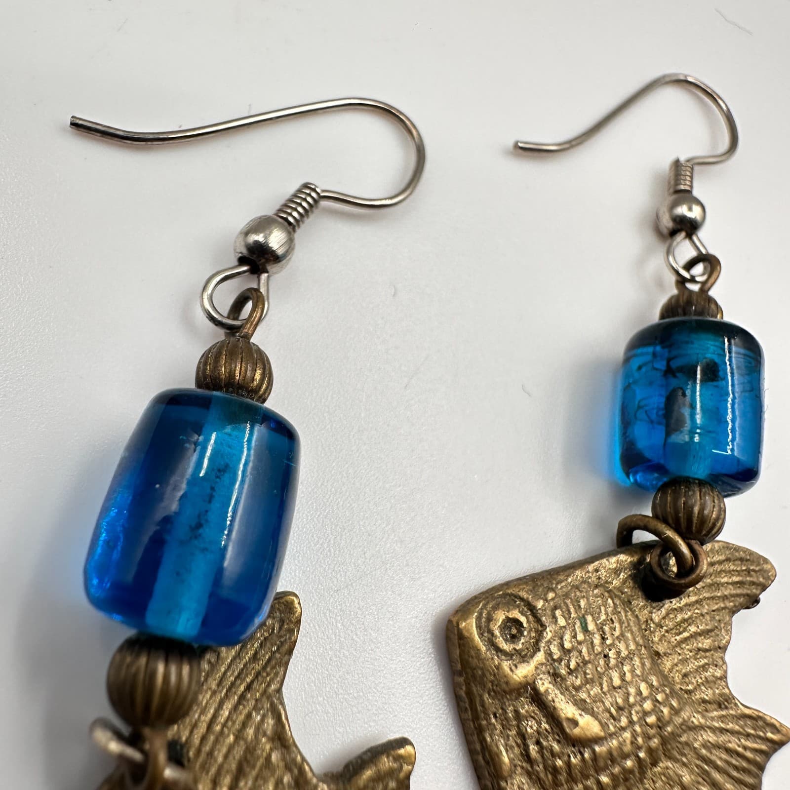 Vintage 80s Brass Fish Dangle Earrings Blue Bead Boho Women's Classic Jewelry - Thumbnail 6