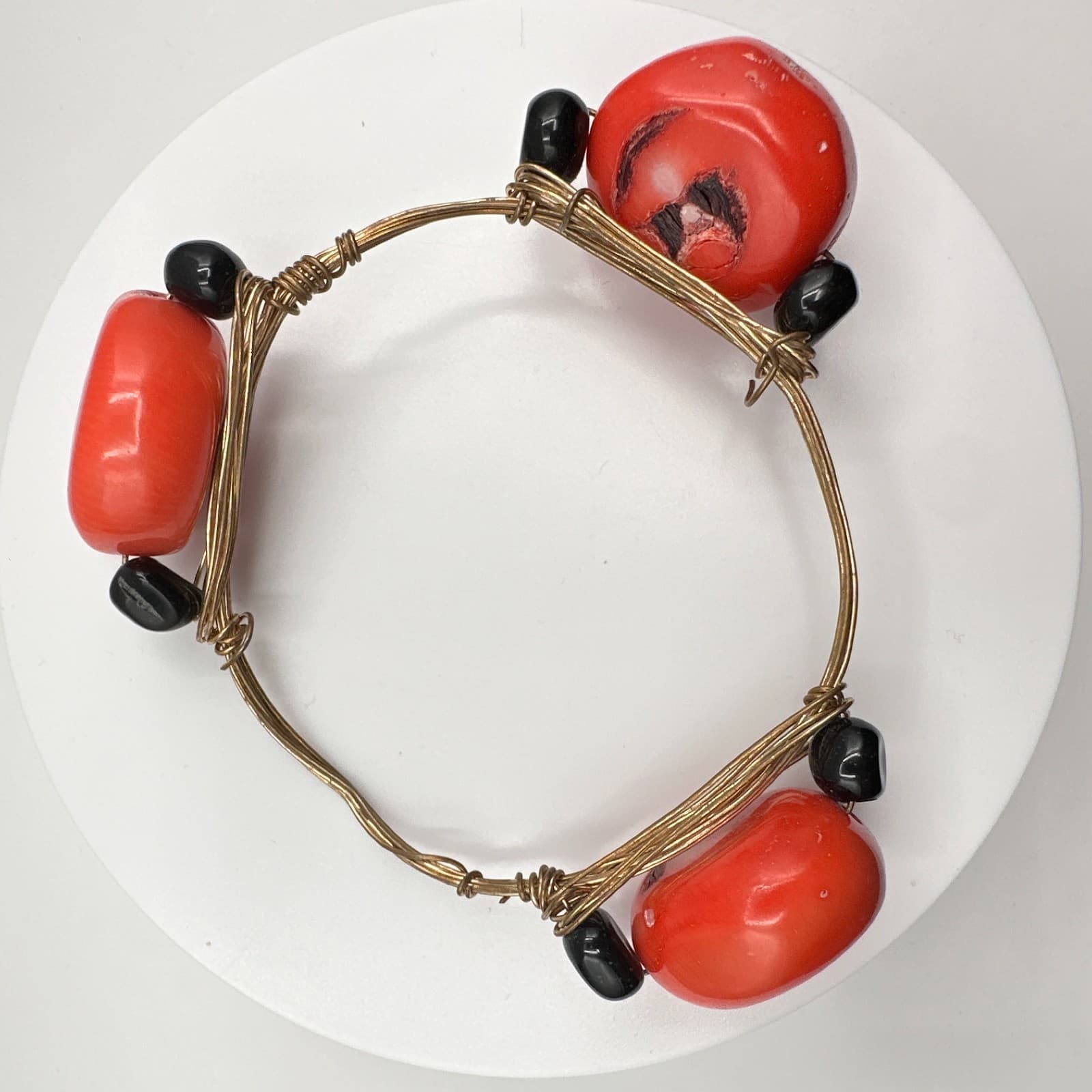 Vintage 90s Red Coral Black Bead Wire Wrapped Bracelet Boho Women's Jewelry - Thumbnail 9