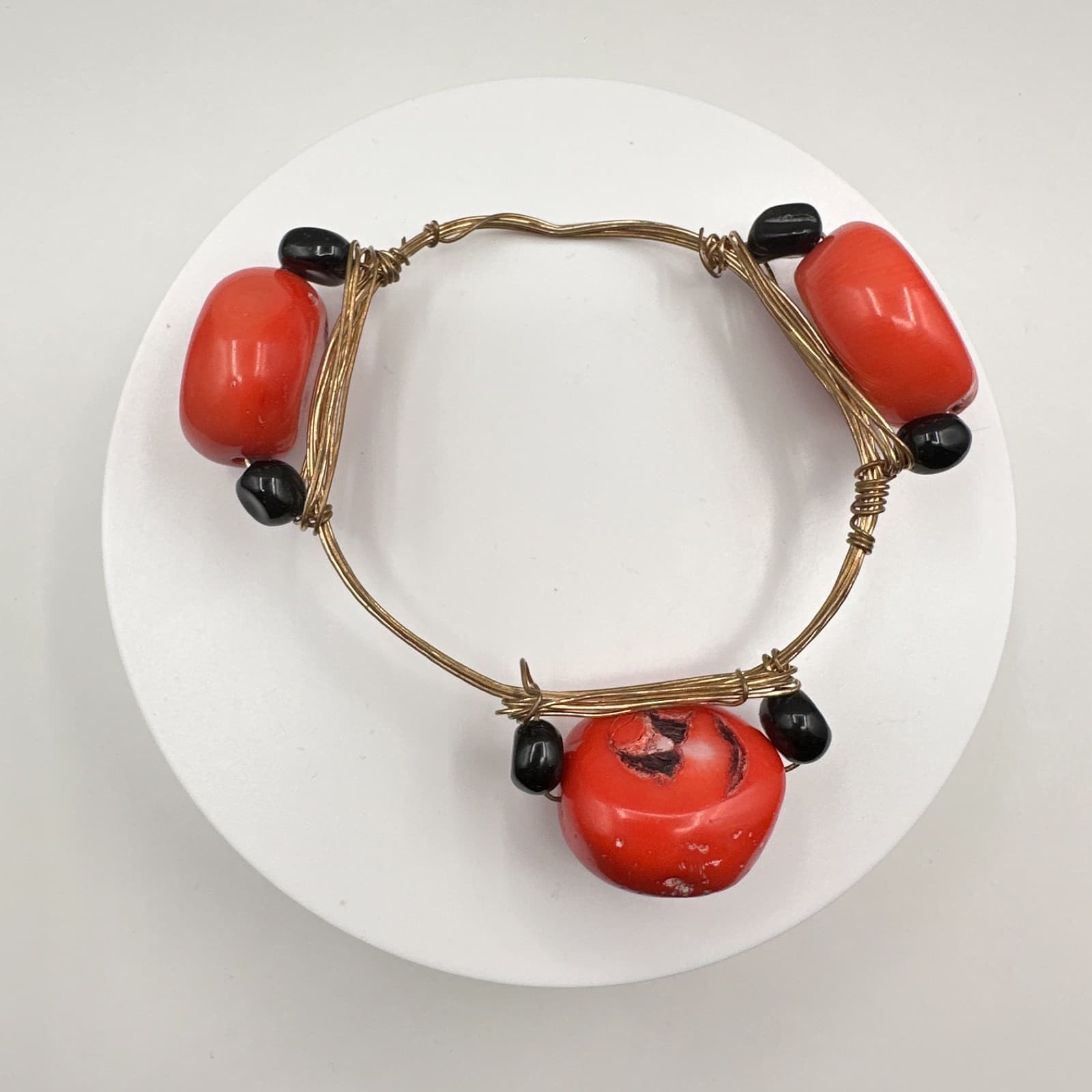 Vintage 90s Red Coral Black Bead Wire Wrapped Bracelet Boho Women's Jewelry - Image 1