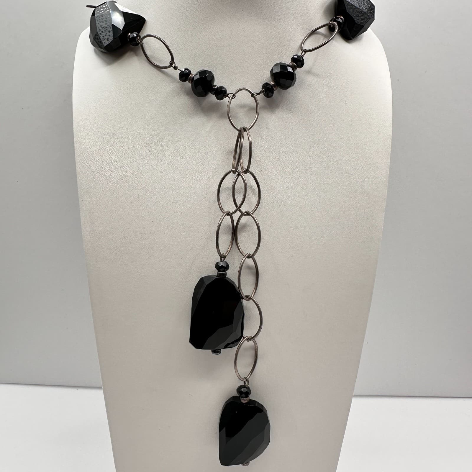 Vintage 90s Y2K Black Onyx Style Beaded Statement Lariat Silver Tone Necklace - Thumbnail 8
