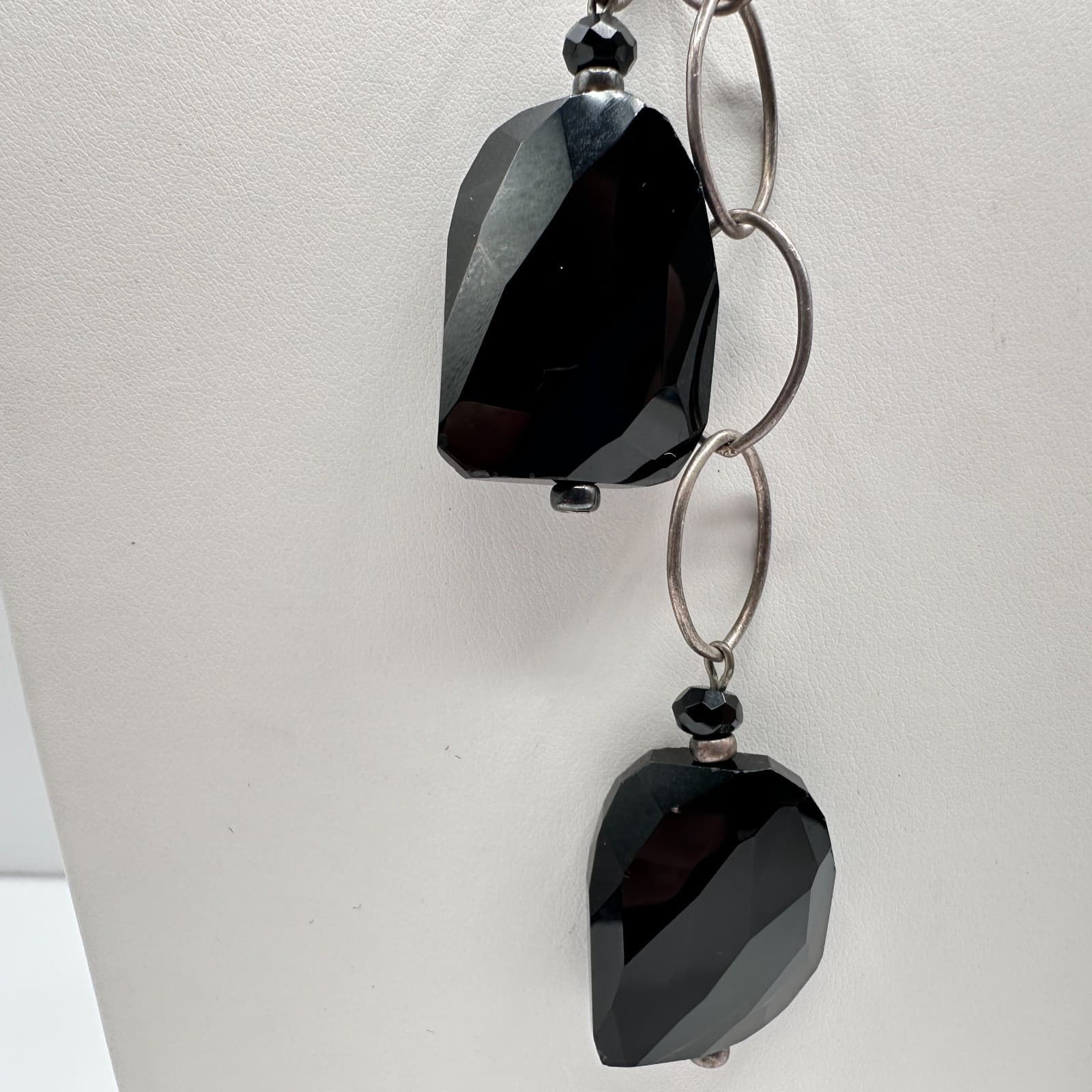 Vintage 90s Y2K Black Onyx Style Beaded Statement Lariat Silver Tone Necklace - Thumbnail 4