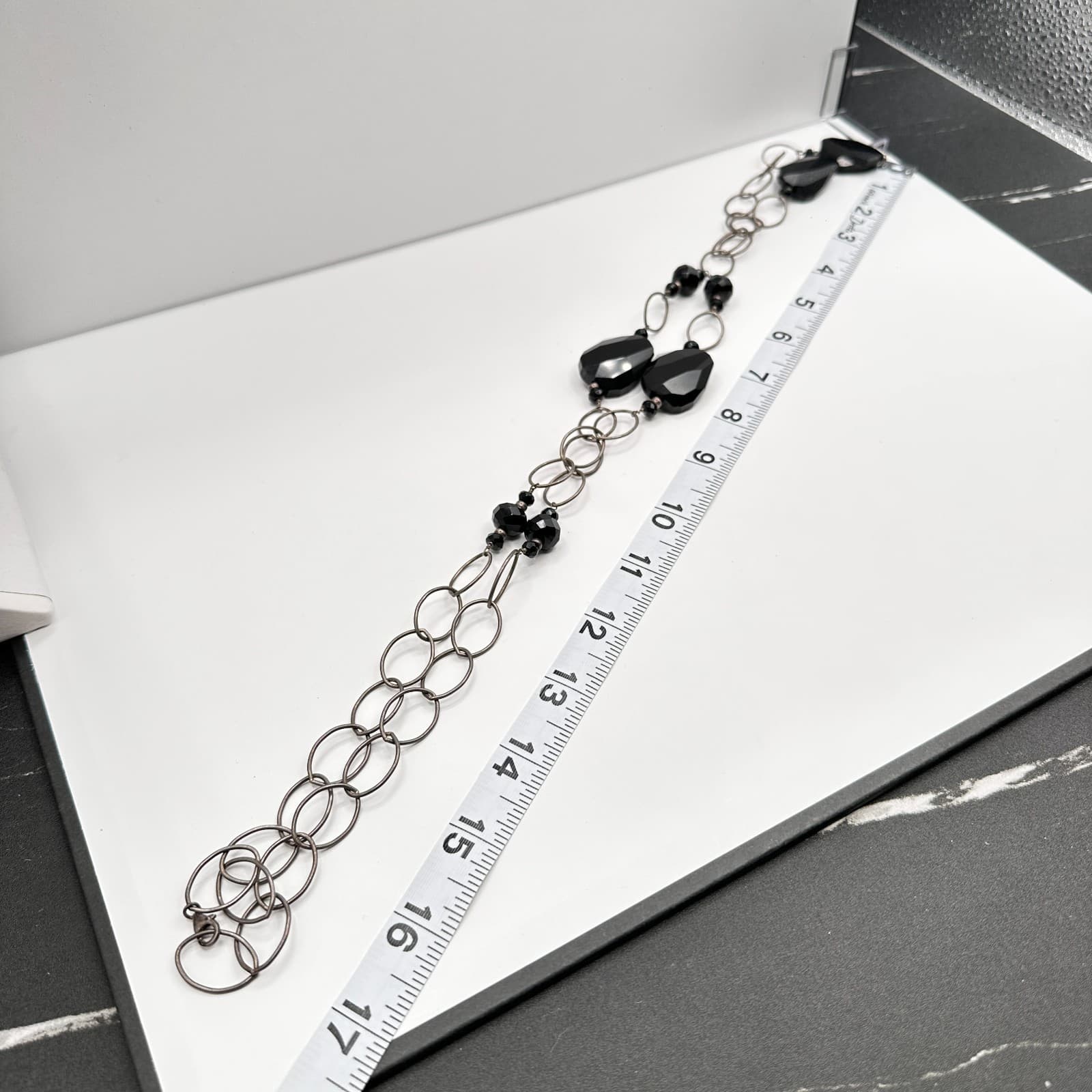 Vintage 90s Y2K Black Onyx Style Beaded Statement Lariat Silver Tone Necklace - Thumbnail 10