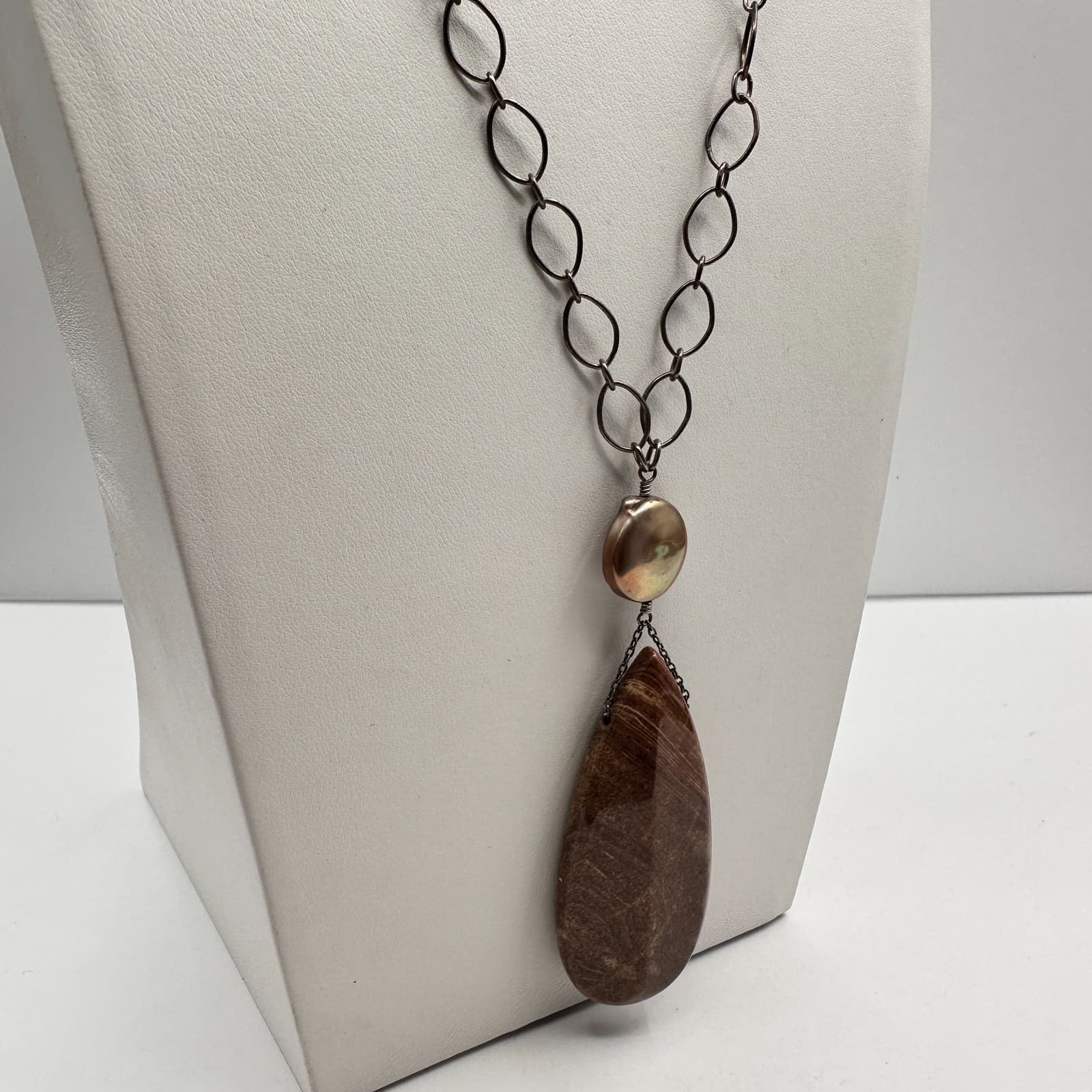 Vintage 90s Silver Jasper Teardrop Pearl Statement Necklace Boho Women's Jewelry - Thumbnail 2