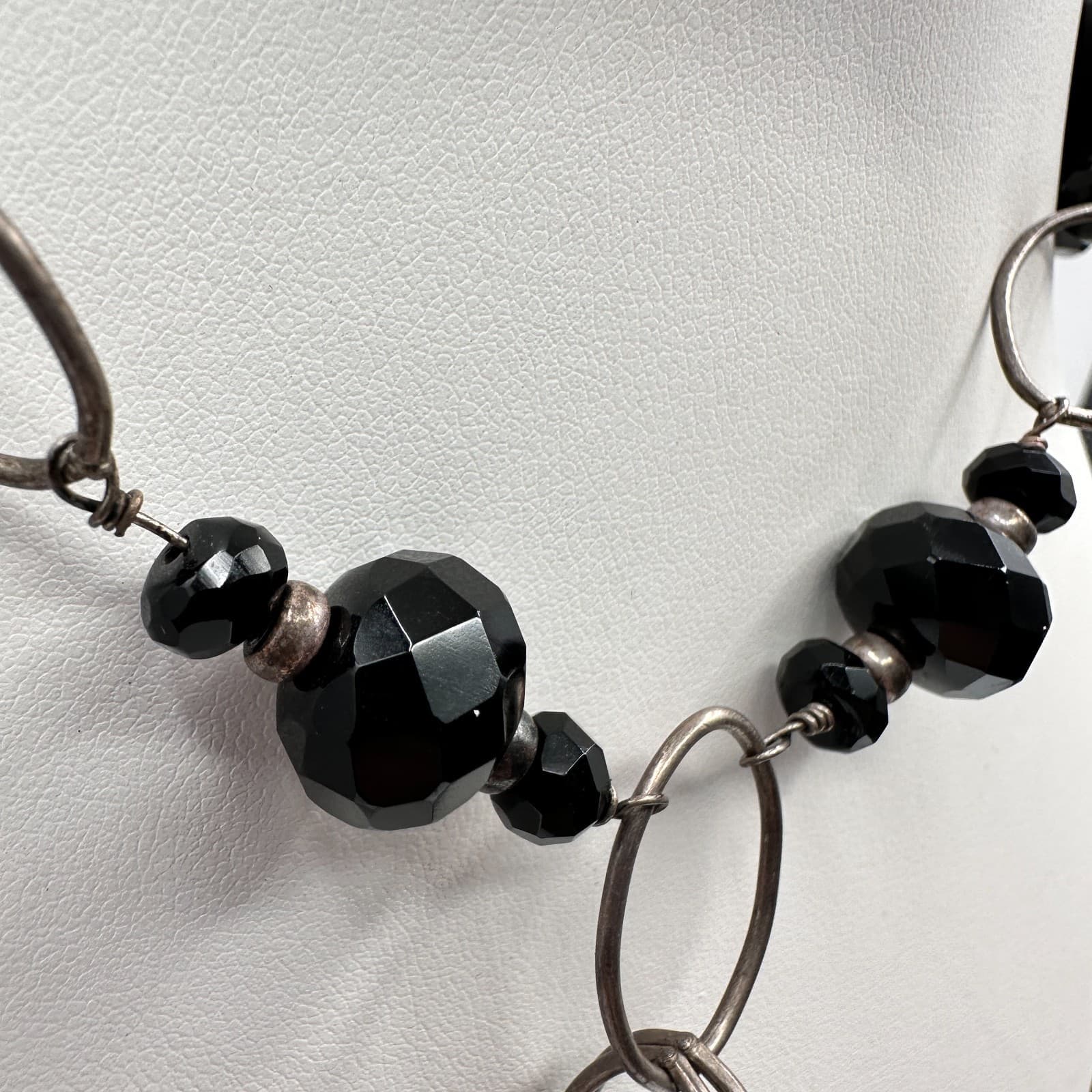 Vintage 90s Y2K Black Onyx Style Beaded Statement Lariat Silver Tone Necklace - Thumbnail 6