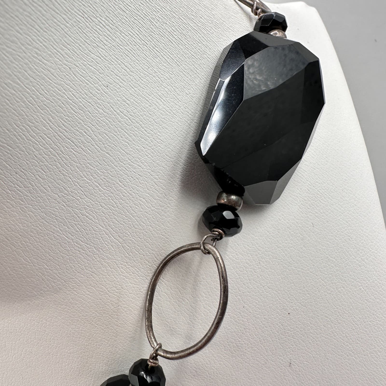 Vintage 90s Y2K Black Onyx Style Beaded Statement Lariat Silver Tone Necklace - Thumbnail 7