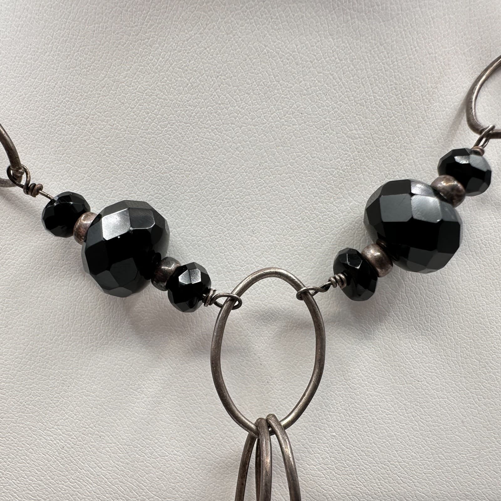 Vintage 90s Y2K Black Onyx Style Beaded Statement Lariat Silver Tone Necklace - Thumbnail 3