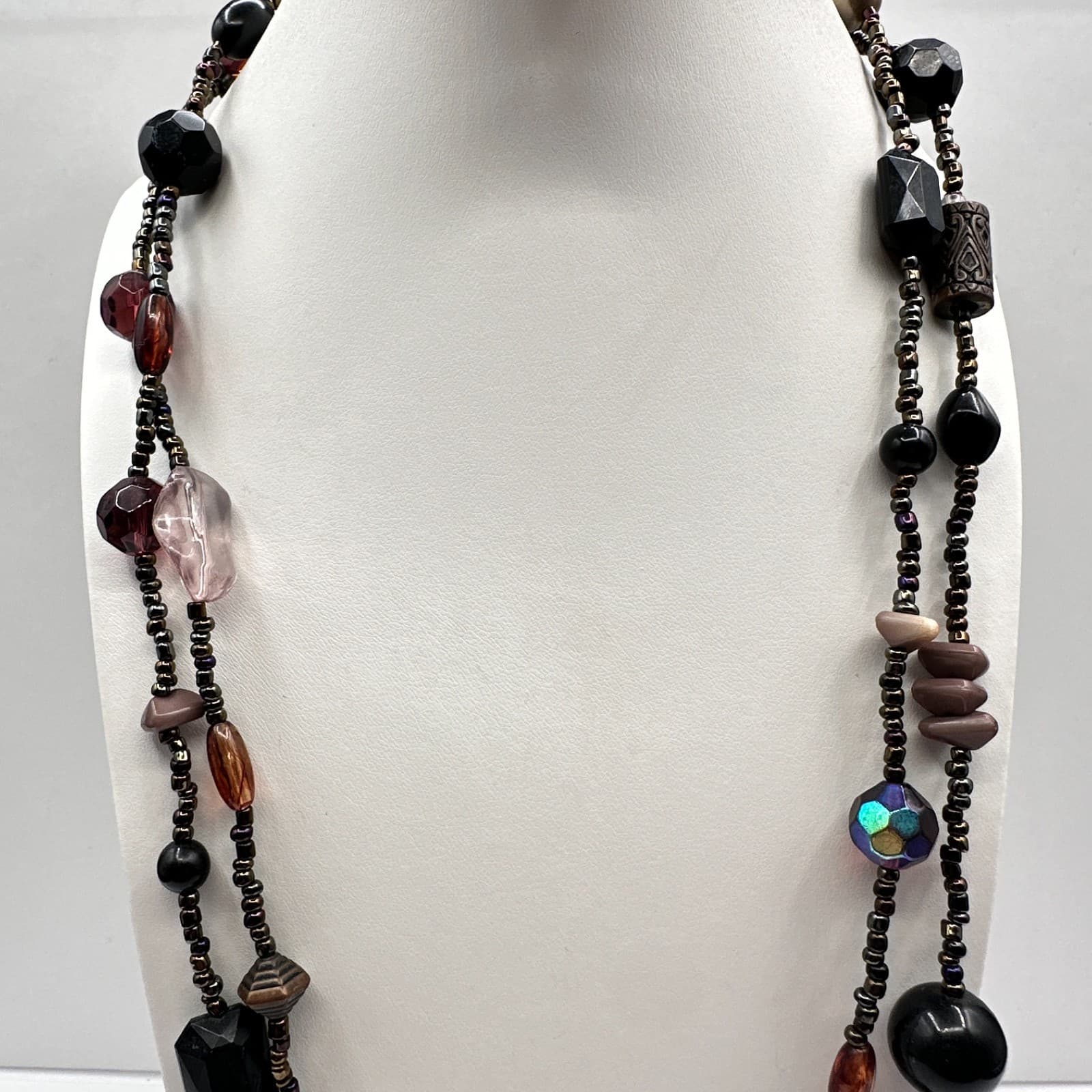 Vintage 90s Multi Strand Beaded Statement Earth Tone Necklace Women's Jewelry - Thumbnail 2