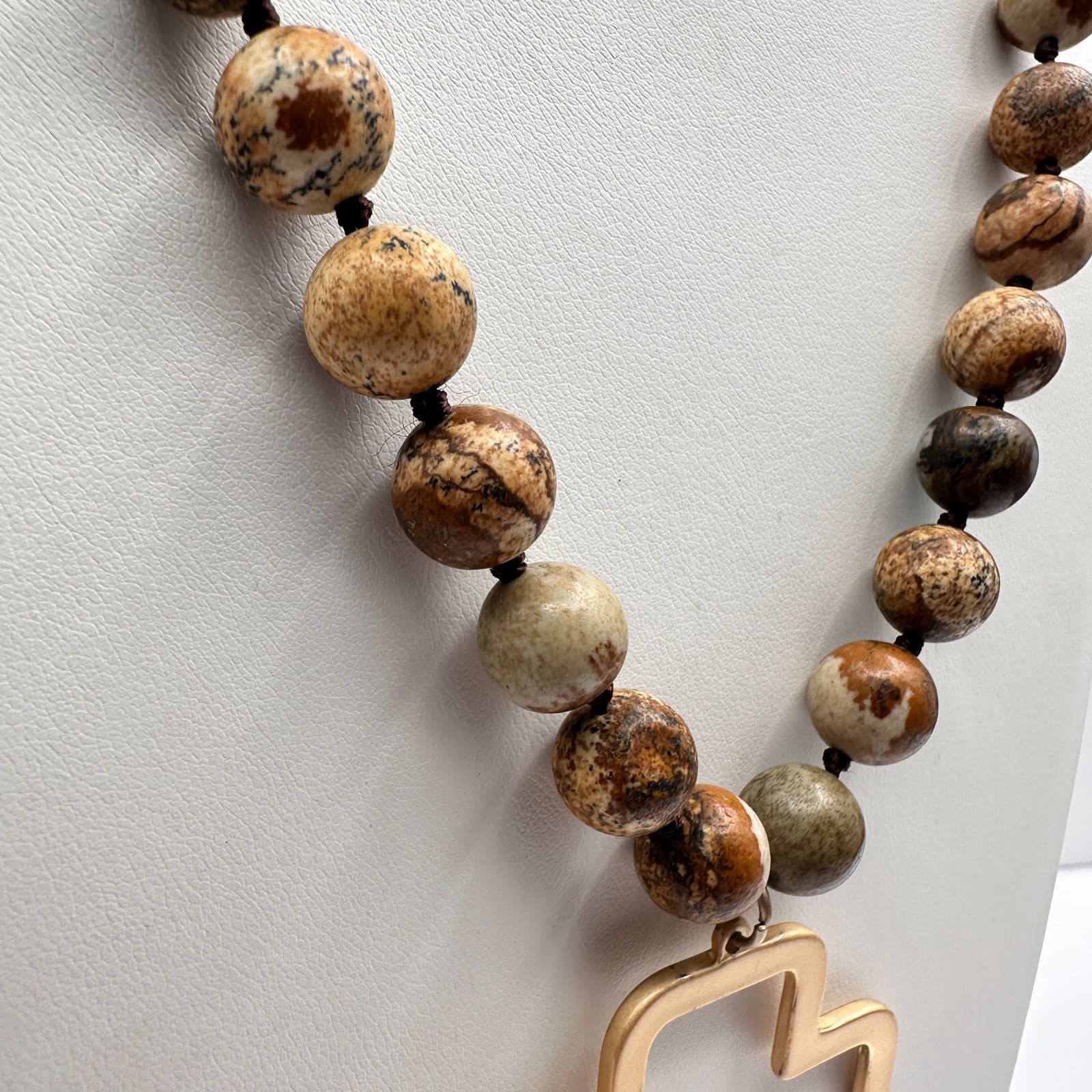 Vintage 90s Jasper Stone Beaded Necklace Gold Tone Open Cross Pendant Jewelry - Thumbnail 3