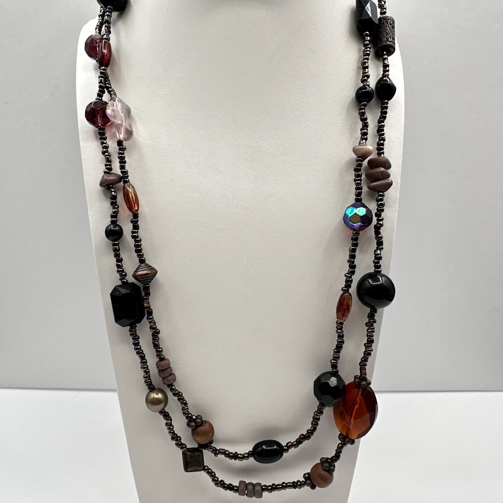 Vintage 90s Multi Strand Beaded Statement Earth Tone Necklace Women's Jewelry - Thumbnail 11