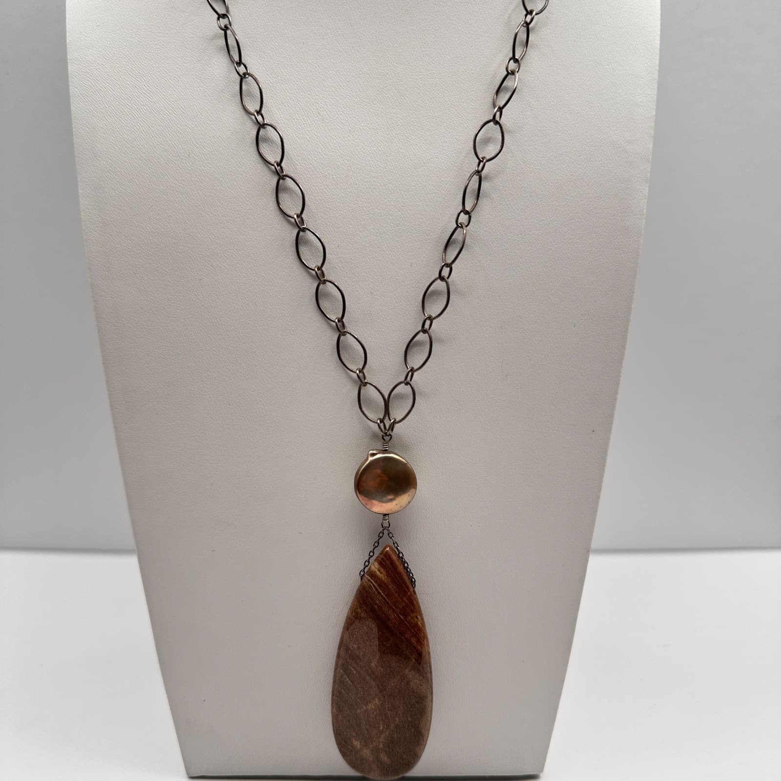 Vintage 90s Silver Jasper Teardrop Pearl Statement Necklace Boho Women's Jewelry - Thumbnail 9