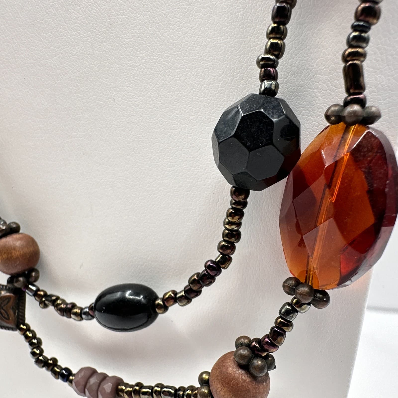 Vintage 90s Multi Strand Beaded Statement Earth Tone Necklace Women's Jewelry - Thumbnail 4