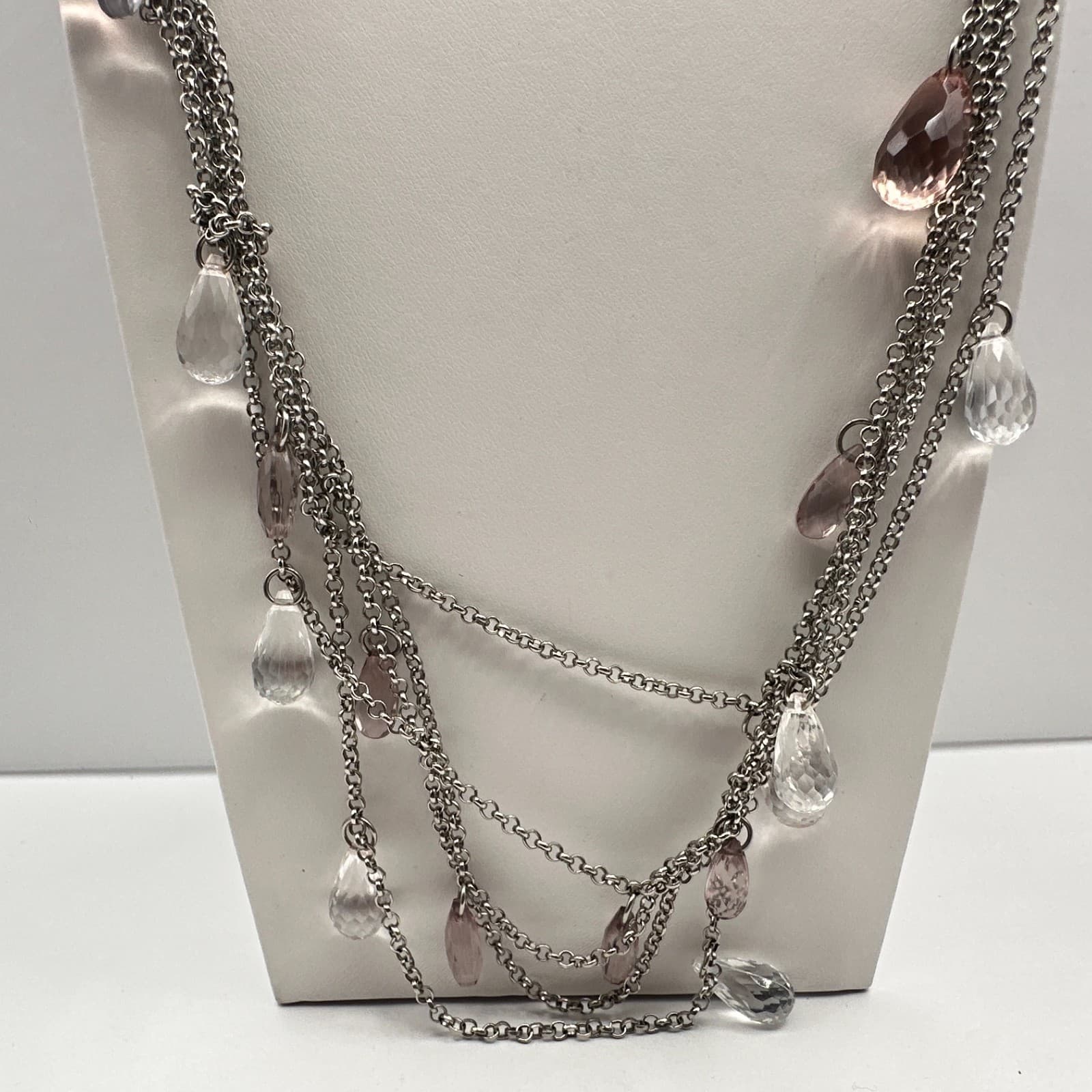 Vintage 90s Ann Taylor Multi Strand Necklace Pink Clear Teardrop Crystal Bead - Thumbnail 2