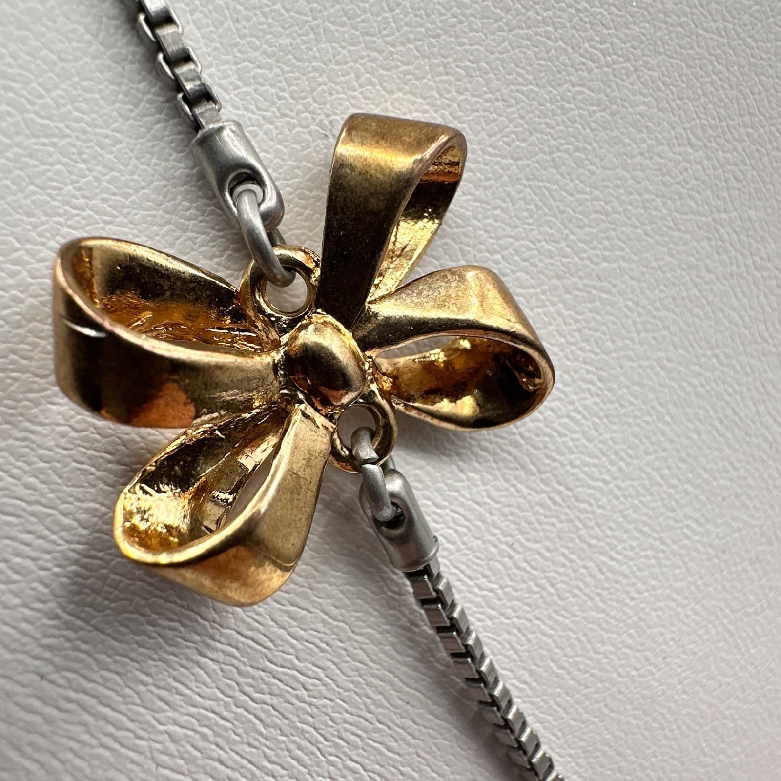 Vintage 90s Y2K Gold Tone Bow Station Necklace Box Chain Lobster Boho Jewelry - Thumbnail 6