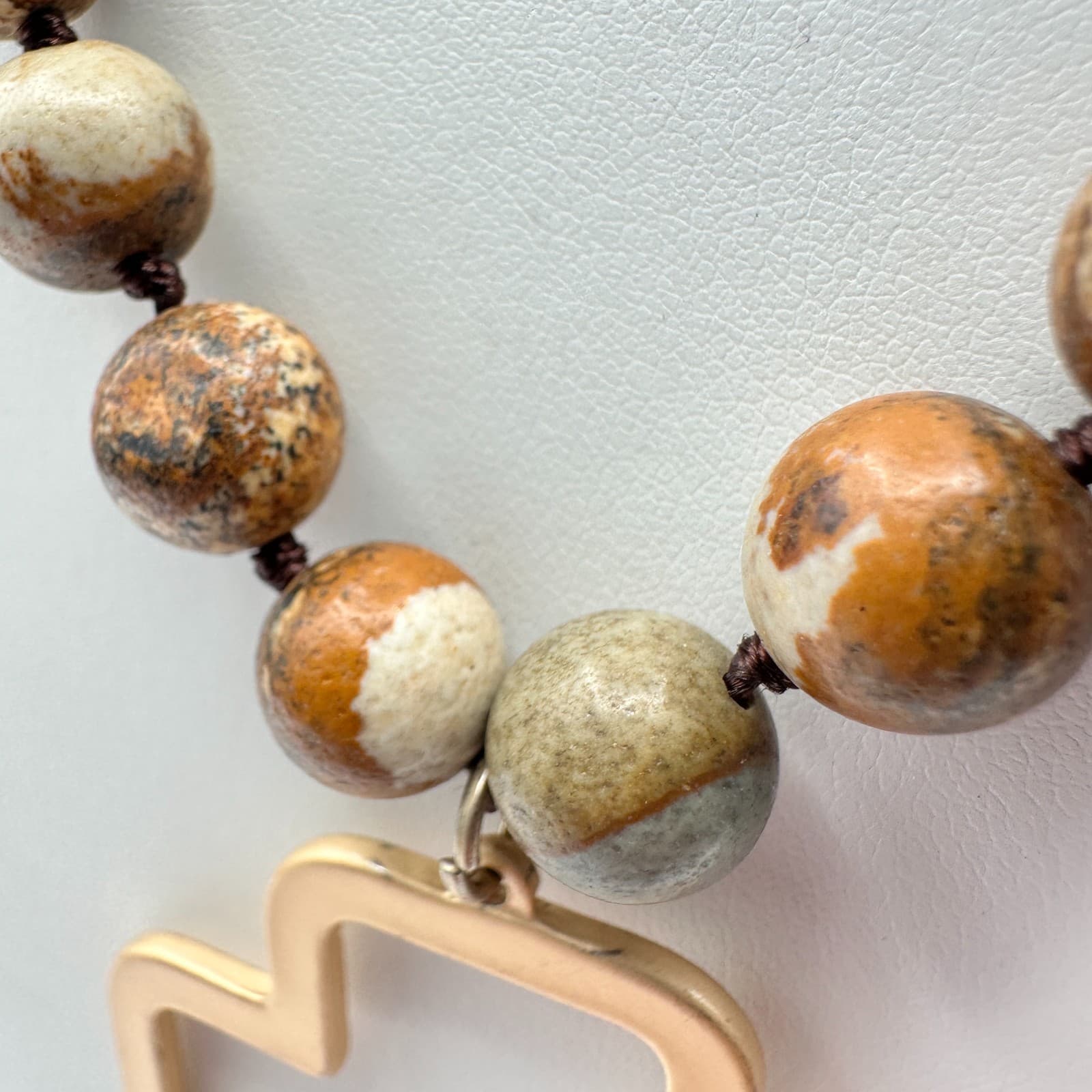 Vintage 90s Jasper Stone Beaded Necklace Gold Tone Open Cross Pendant Jewelry - Thumbnail 6