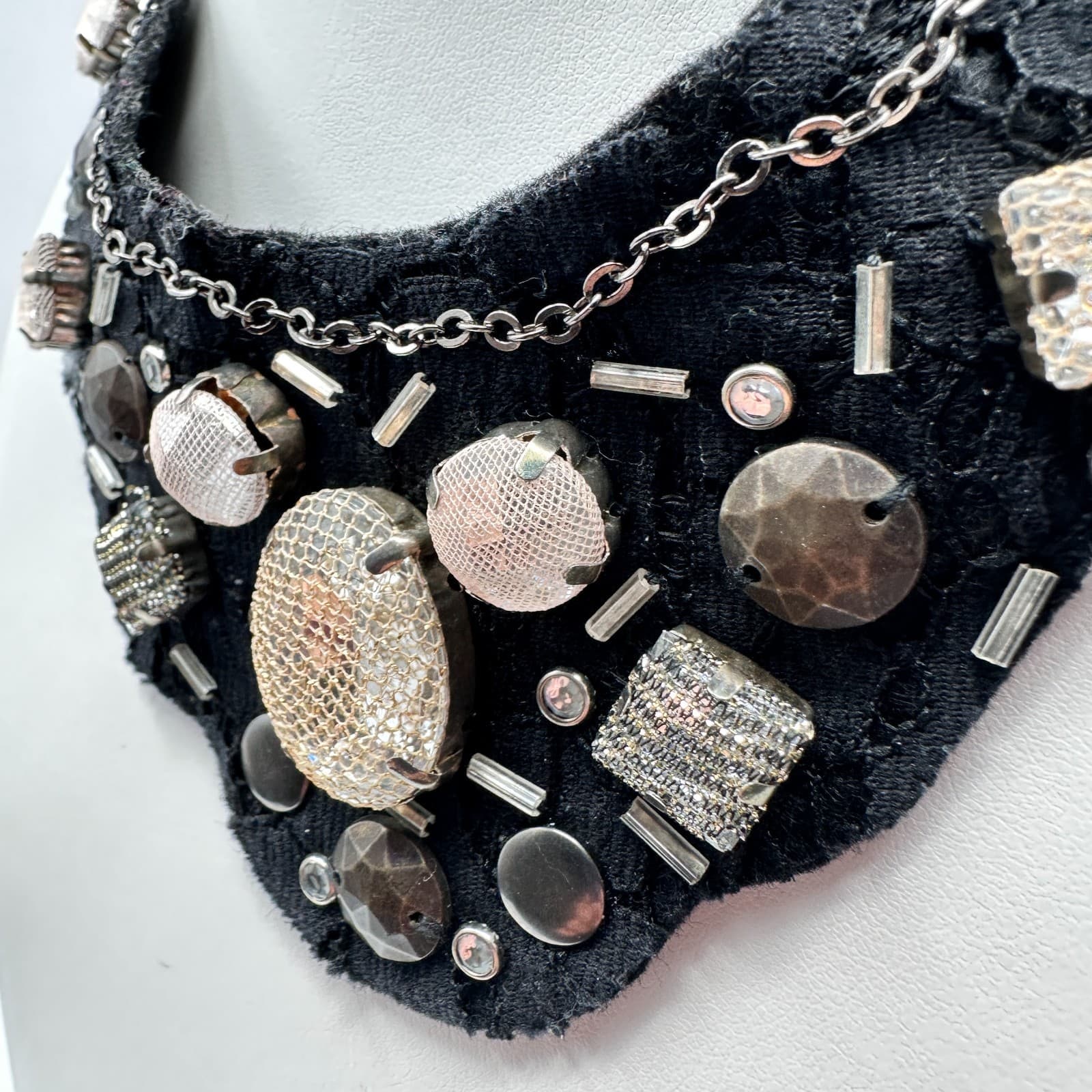 Vintage 90s Statement Bib Necklace Black Lace Ribbon Mixed Stones Womens Jewelry - Thumbnail 8