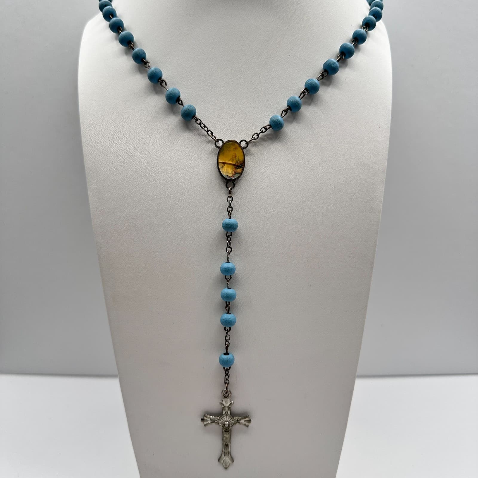 Vintage 90s Blue Bead Rosary Silver Tone Necklace Crucifix Religious Jewelry - Image 1