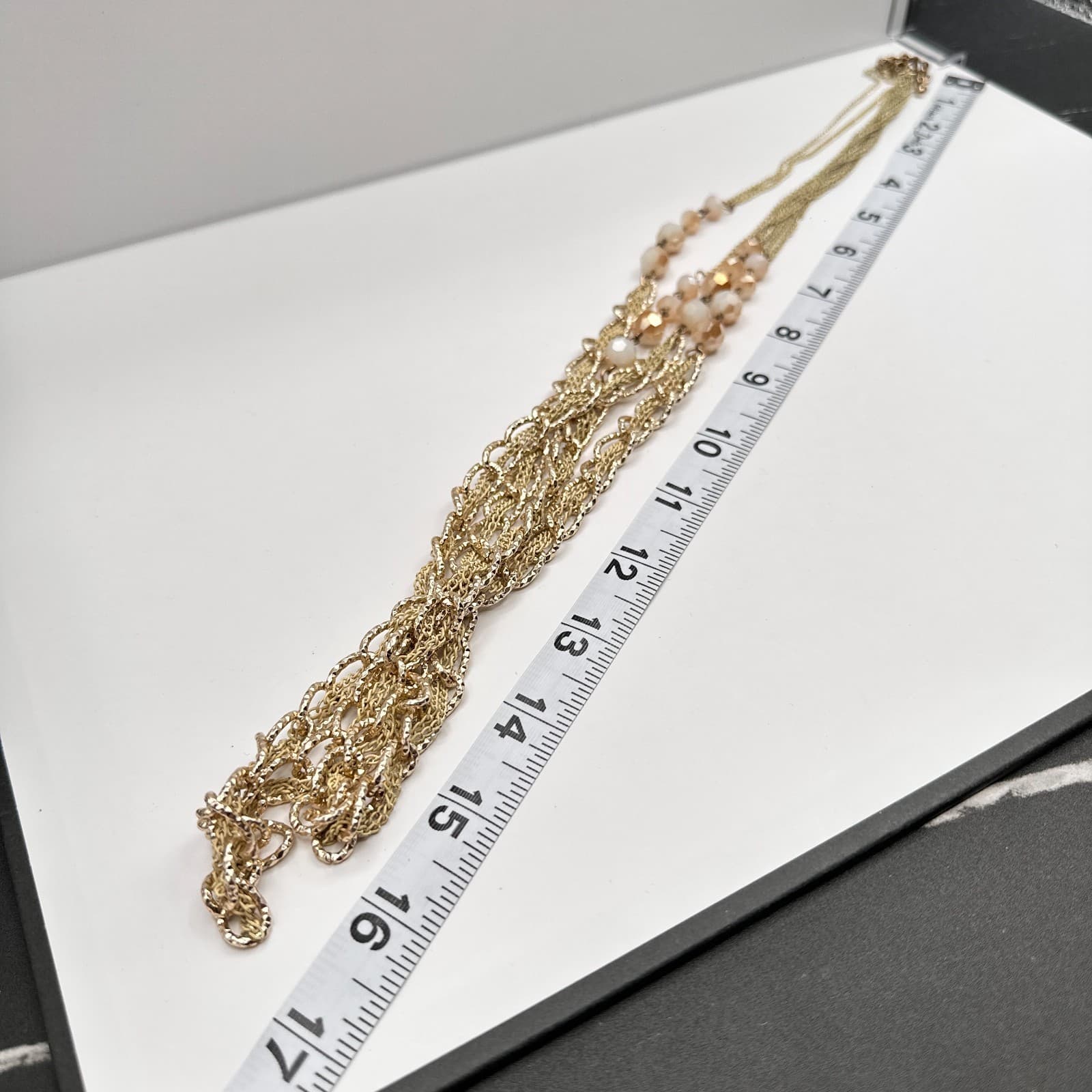 Vintage 90s Multi-Strand Gold Tone Necklace Beige Glass Beads Classic Jewelry - Thumbnail 11