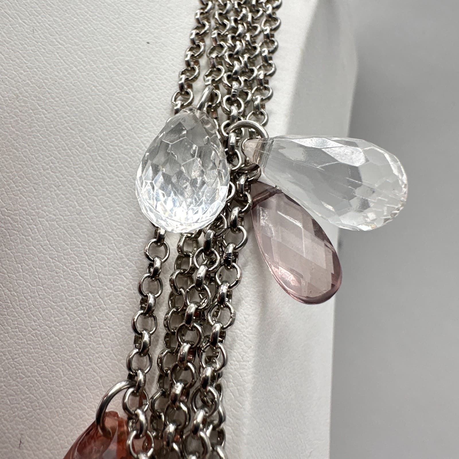 Vintage 90s Ann Taylor Multi Strand Necklace Pink Clear Teardrop Crystal Bead - Thumbnail 9