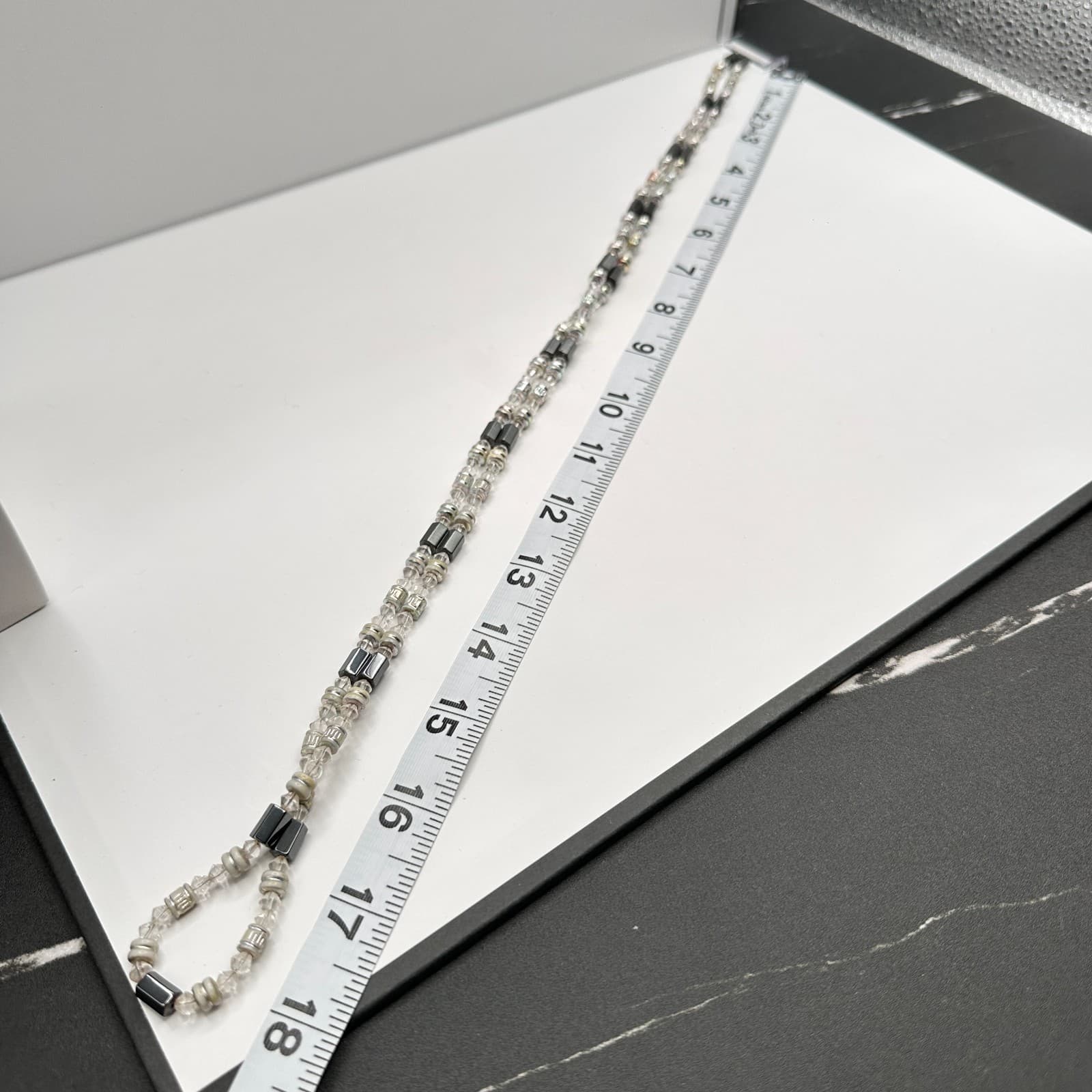 Vintage 90s Silver Tone Clear Glass & Hematite Beaded Necklace Women's Jewelry - Thumbnail 9