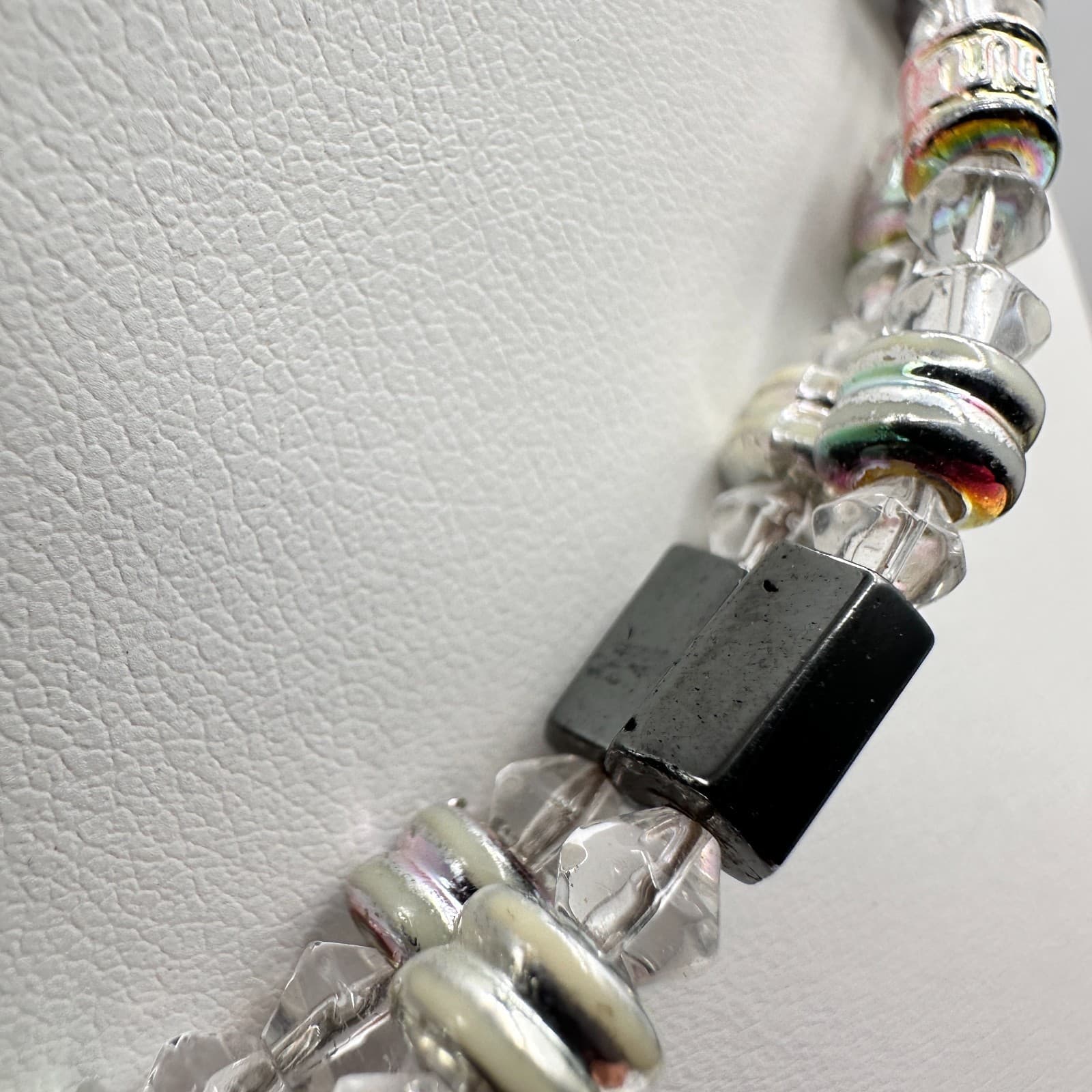 Vintage 90s Silver Tone Clear Glass & Hematite Beaded Necklace Women's Jewelry - Thumbnail 7