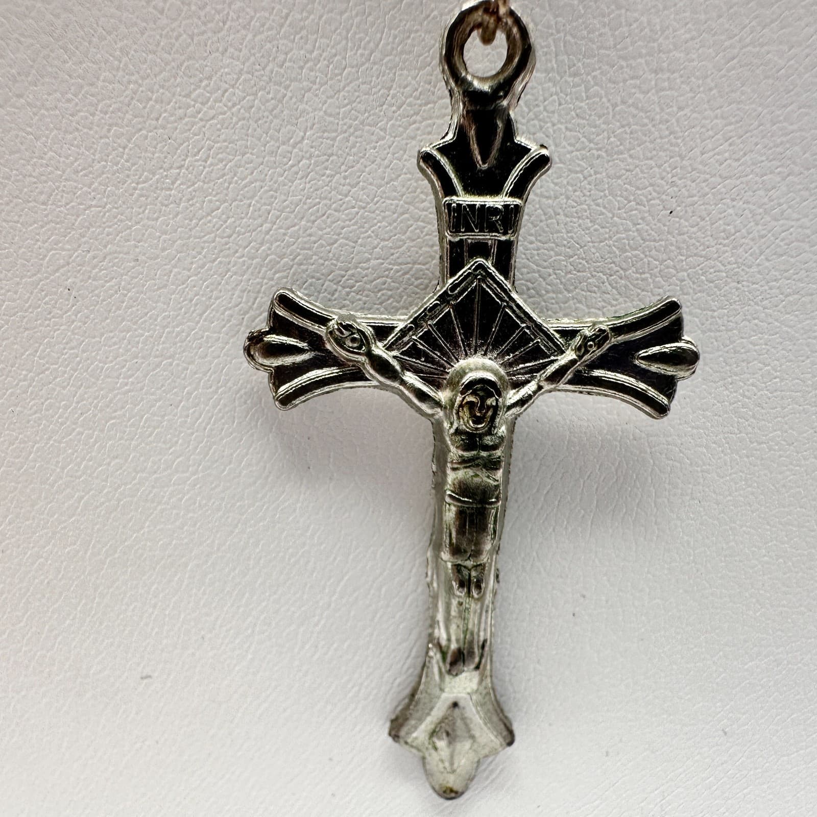 Vintage 90s Blue Bead Rosary Silver Tone Necklace Crucifix Religious Jewelry - Thumbnail 5