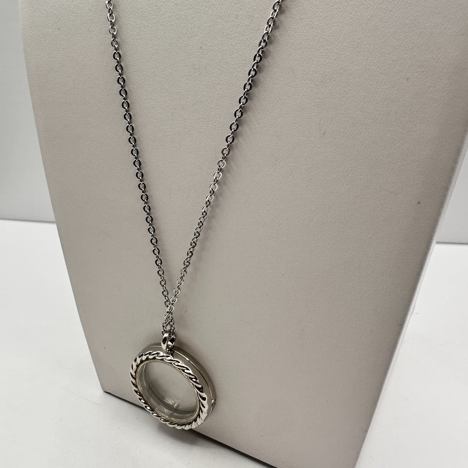 Vintage 90s Silver Tone Floating Locket Necklace Rope Twist Clear Glass Charm - Thumbnail 5