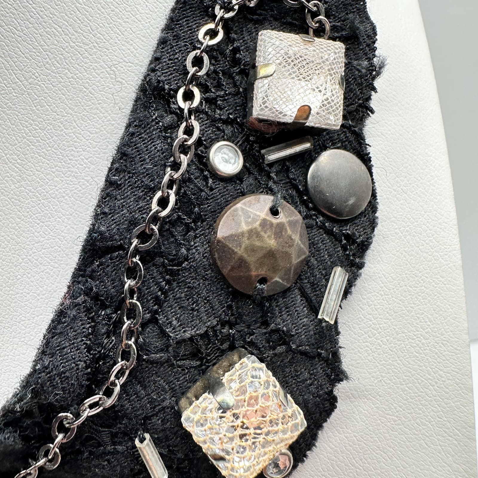 Vintage 90s Statement Bib Necklace Black Lace Ribbon Mixed Stones Womens Jewelry - Thumbnail 6