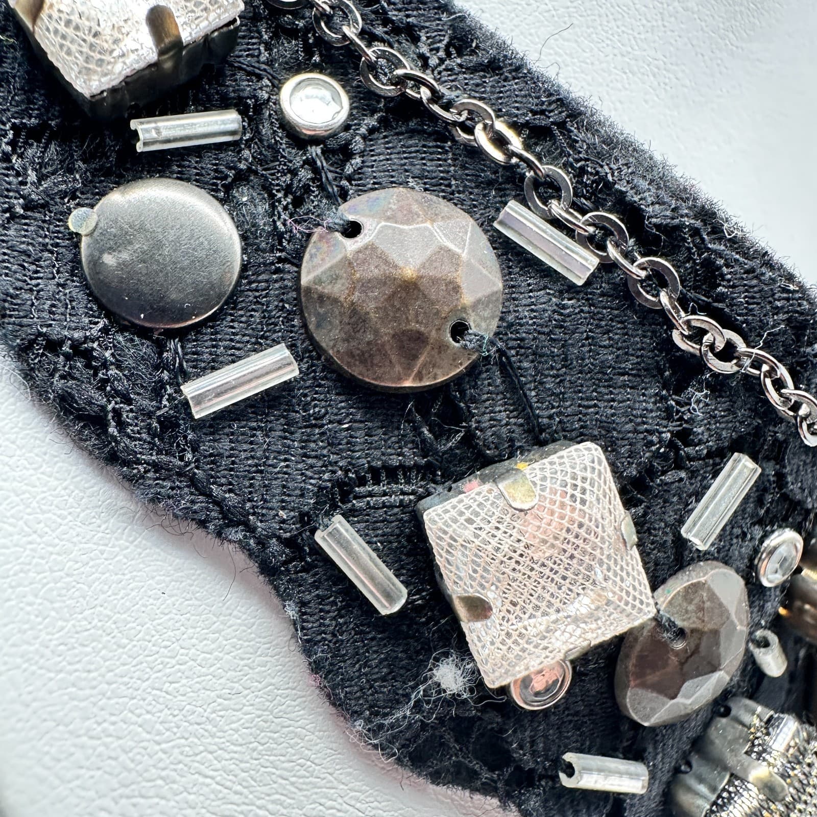Vintage 90s Statement Bib Necklace Black Lace Ribbon Mixed Stones Womens Jewelry - Thumbnail 3