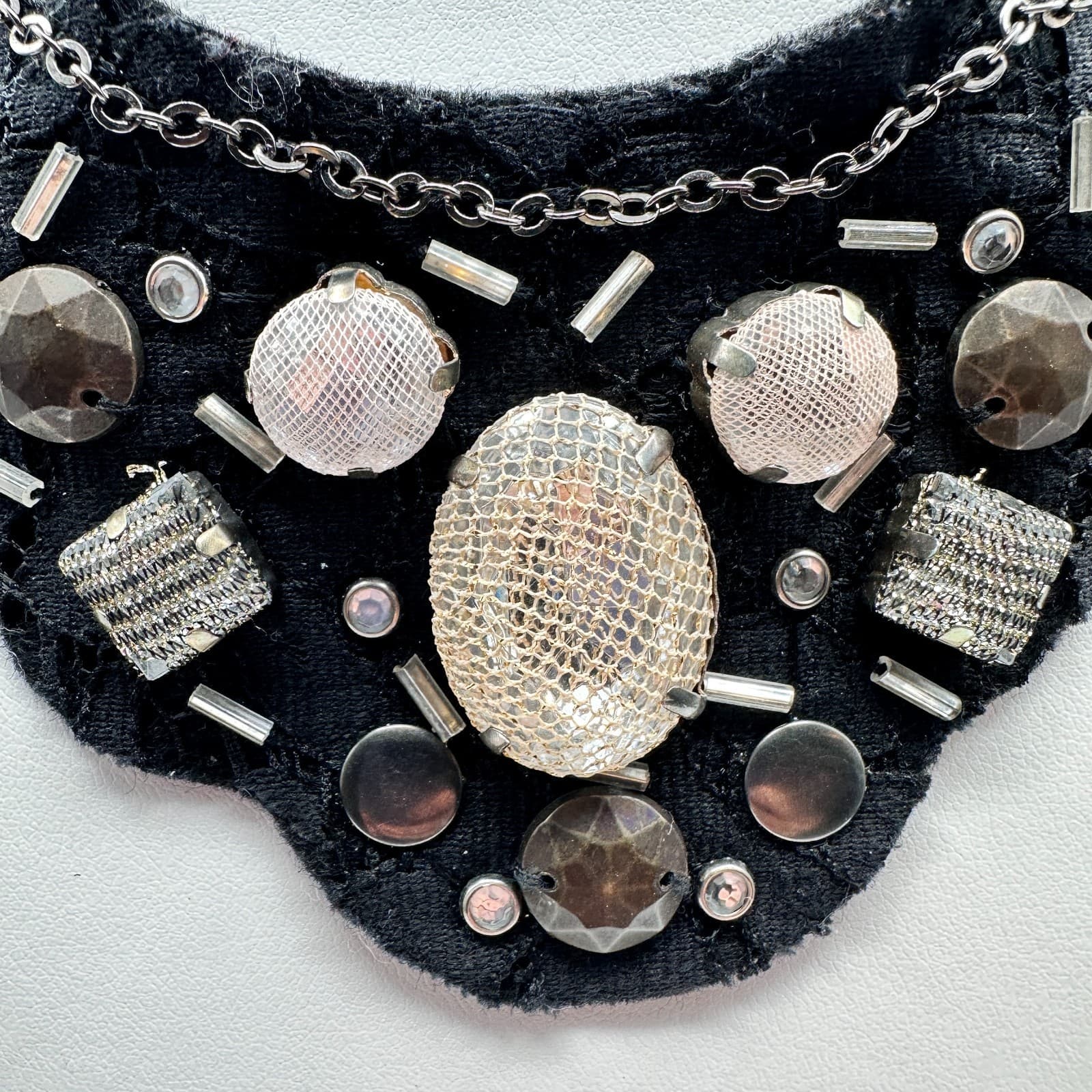 Vintage 90s Statement Bib Necklace Black Lace Ribbon Mixed Stones Womens Jewelry - Thumbnail 2